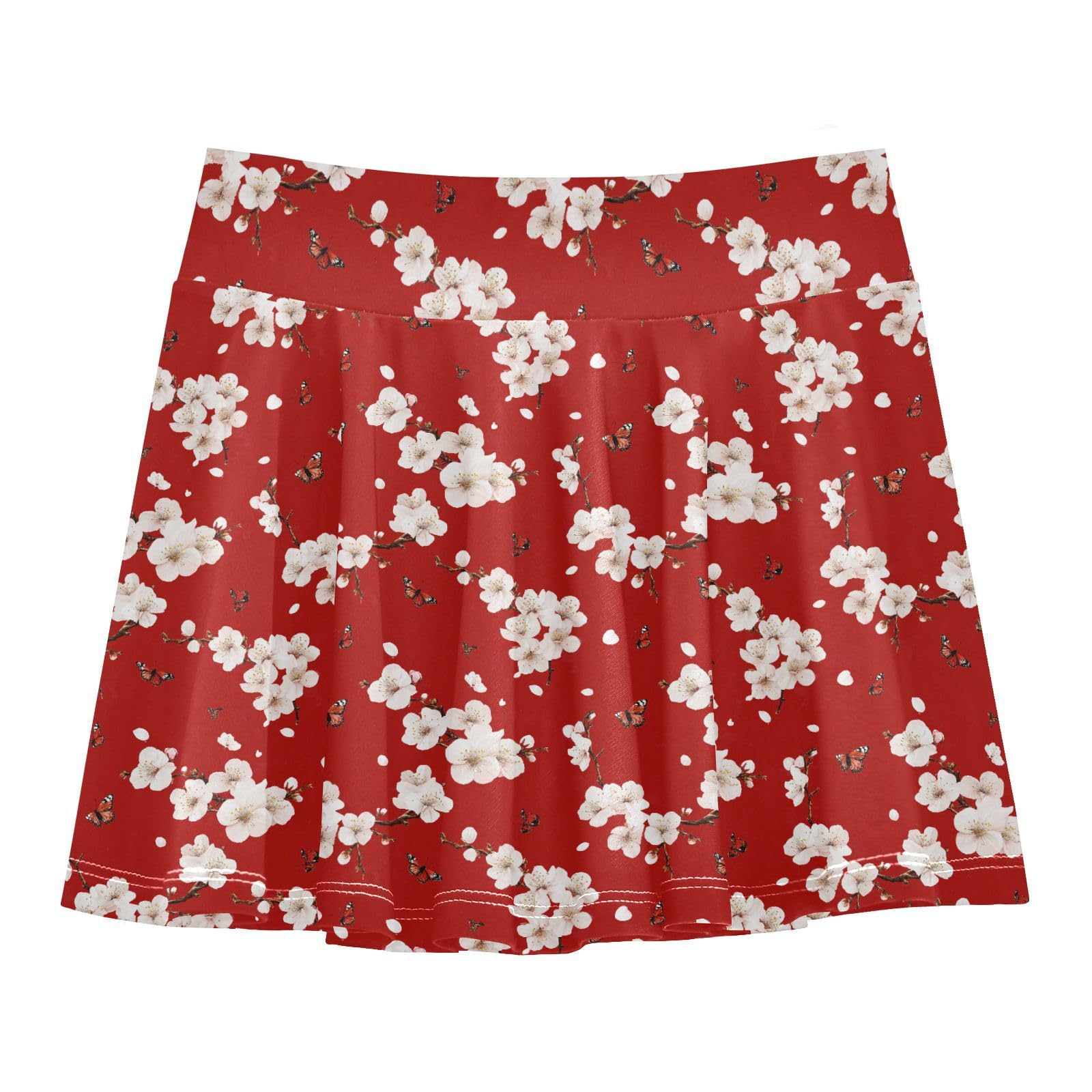 Vintage Floral Red Girls Skorts with Built-in Shorts Scort Skirt for Kids with Pockets Flowy Skort for Little Girl