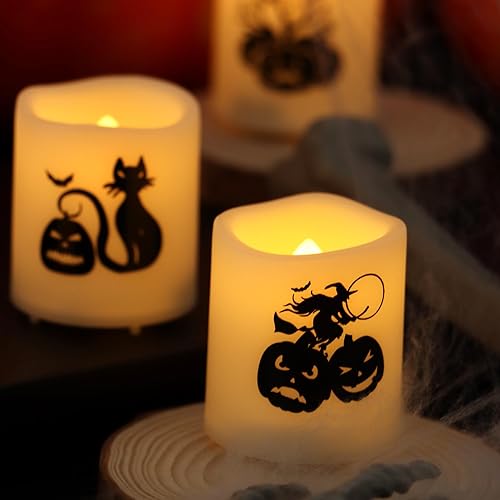 Miniatura 5 de YINCHI Velas votivas sin llama con temporizador, luces LED con temporizador automático de ciclo diario integrado, calcomanías de calabaza