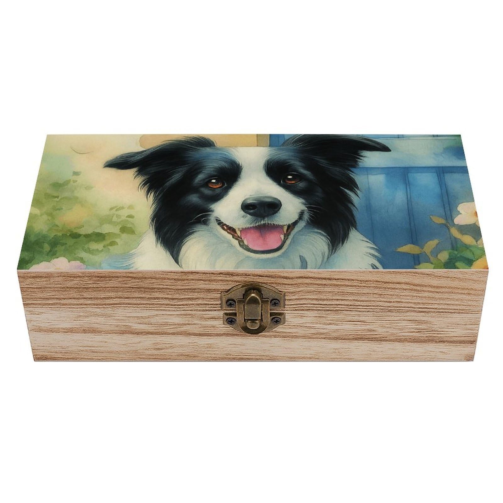 SMAZDFXX Cheerful Border Collie And Potted Flower Wooden Storage Box Multipurpose Decorative Box for Jewelry Photo Home Decor