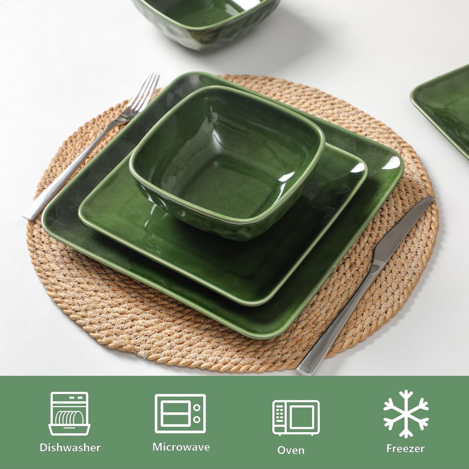vicrays Ceramic Square 12 Pieces Dinnerware Set - Dinner Plates Salad Plates Cereal Bowls Set Service for 4 - Scratch Resistant Microwave Oven Dishwasher Safe - Green