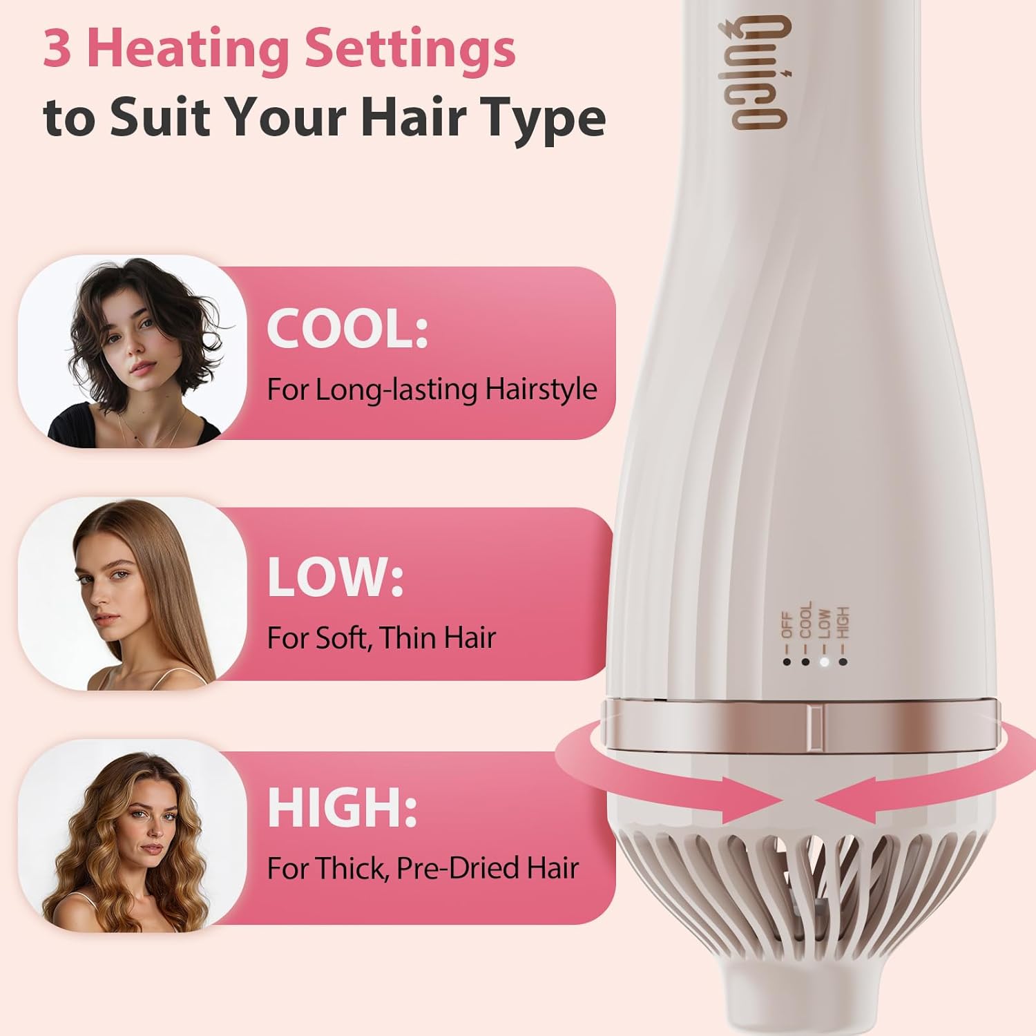 Hair Dryer Brush, Quico 4-in-1 One-Step Ionic Oval&Flat Brush, Pro Blow Dryer Brush Set with Detachable Blowout Brush, Hot Air Brush for Salon Blowout, Curl, Volumize and Straighten, Anti-frizz, Pink