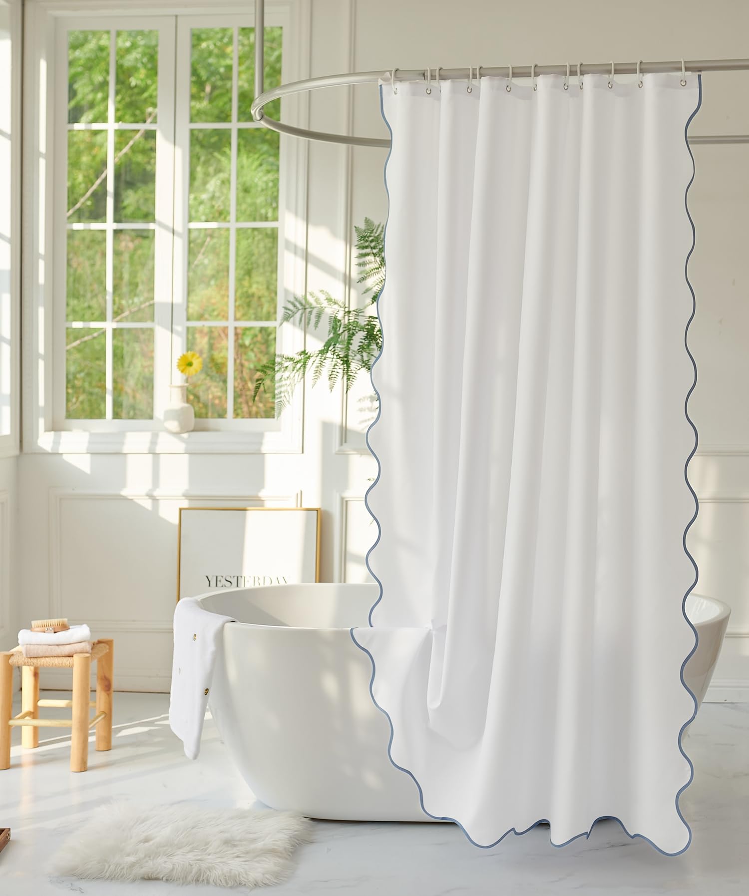 youngseahome White Fabric with Water Blue Scalloped Border Shower Curtain,Boho Chic Cloth Shower Curtain for Bathroom Showers,72 x 84 Inches