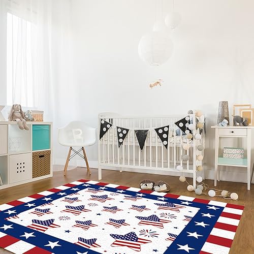 Miniatura 4 de 4th of July Stars Red and Blue Plaid Rectangle Area Rug Soft Shag Rugs Non-Slip Entryway Hallway Carpet Non-Shedding Playing Mat for Kids Nursery