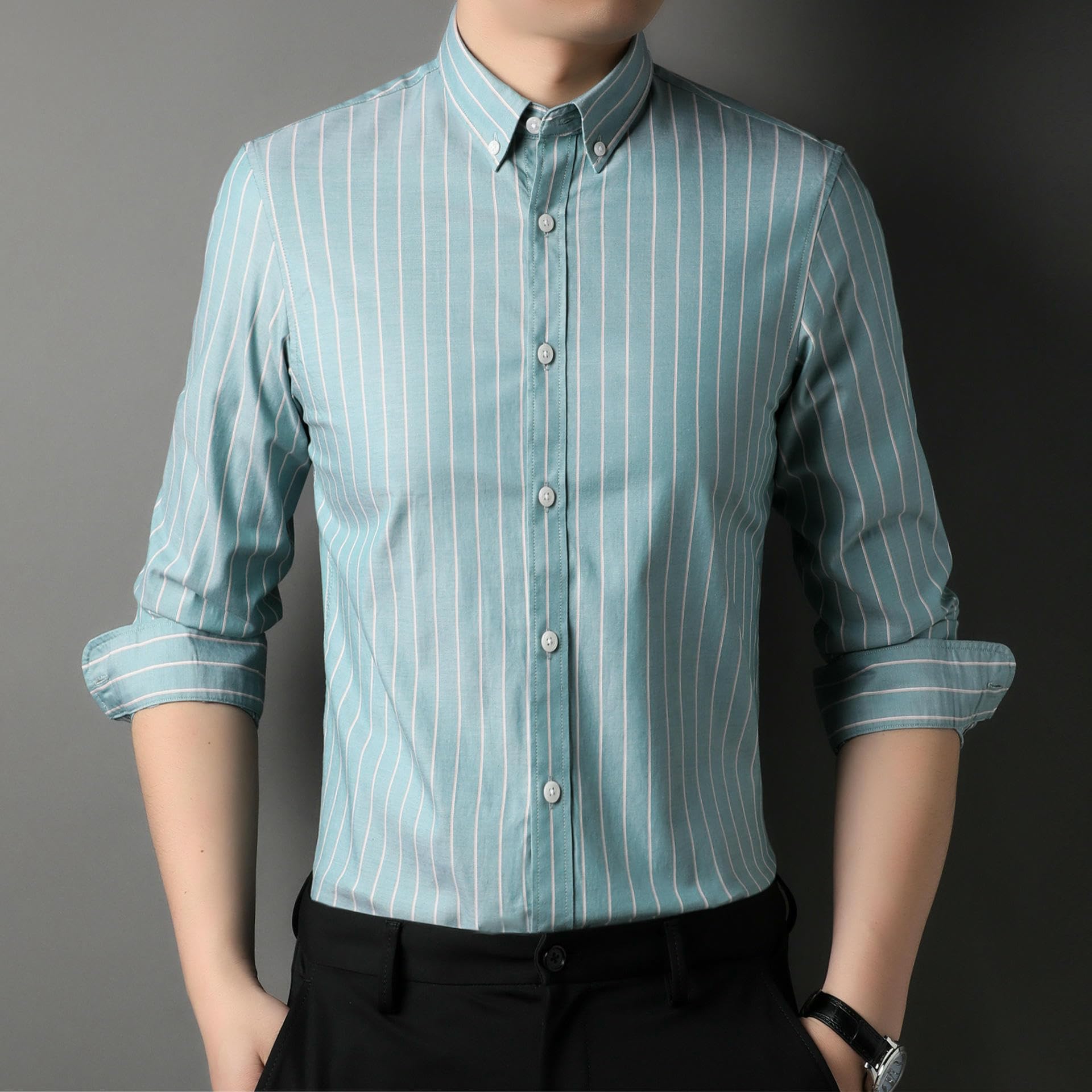 Camicia da uomo in cotone a maniche lunghe a righe verticali primavera autunno senza pieghe