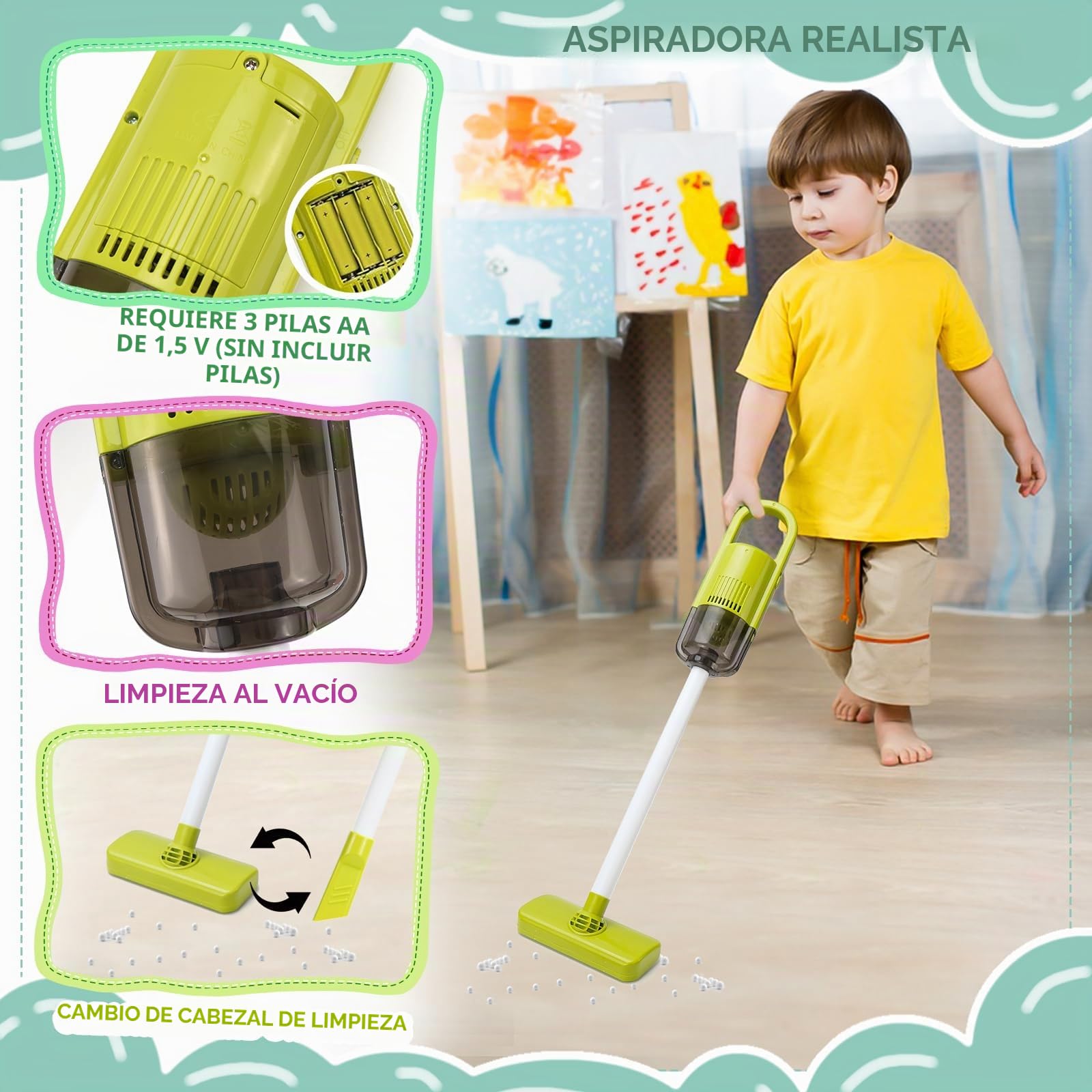 Juego de 14 piezas de limpieza para niños, aspiradora infantil, a partir de 2 años, juego de limpieza para niños con succión y función de sonido (A-14)