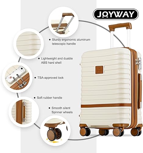 Miniatura 9 de Joyway Maleta de mano extensible de 20 pulgadas con rueda giratoria, juego de equipaje de carcasa dura de 4 piezas con bloqueo TSA (blanco marrón)