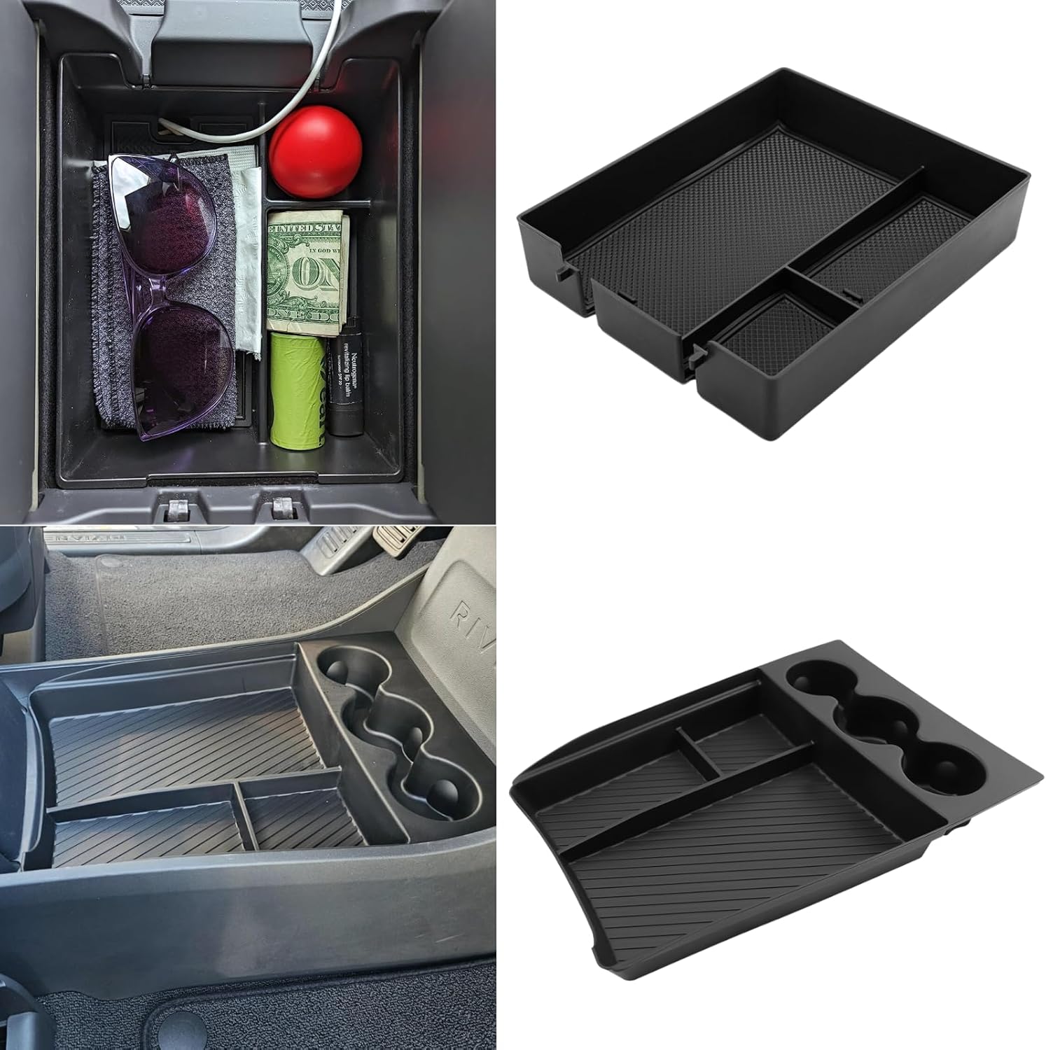 Lower Center Console Organizer Tray with Cup Holder/Armrest Organizer Storage Box Compatible with 2026 2025 2024 2023 2022 Rivian R1s R1t Interior Insert Accessories, Black - 2 Pack