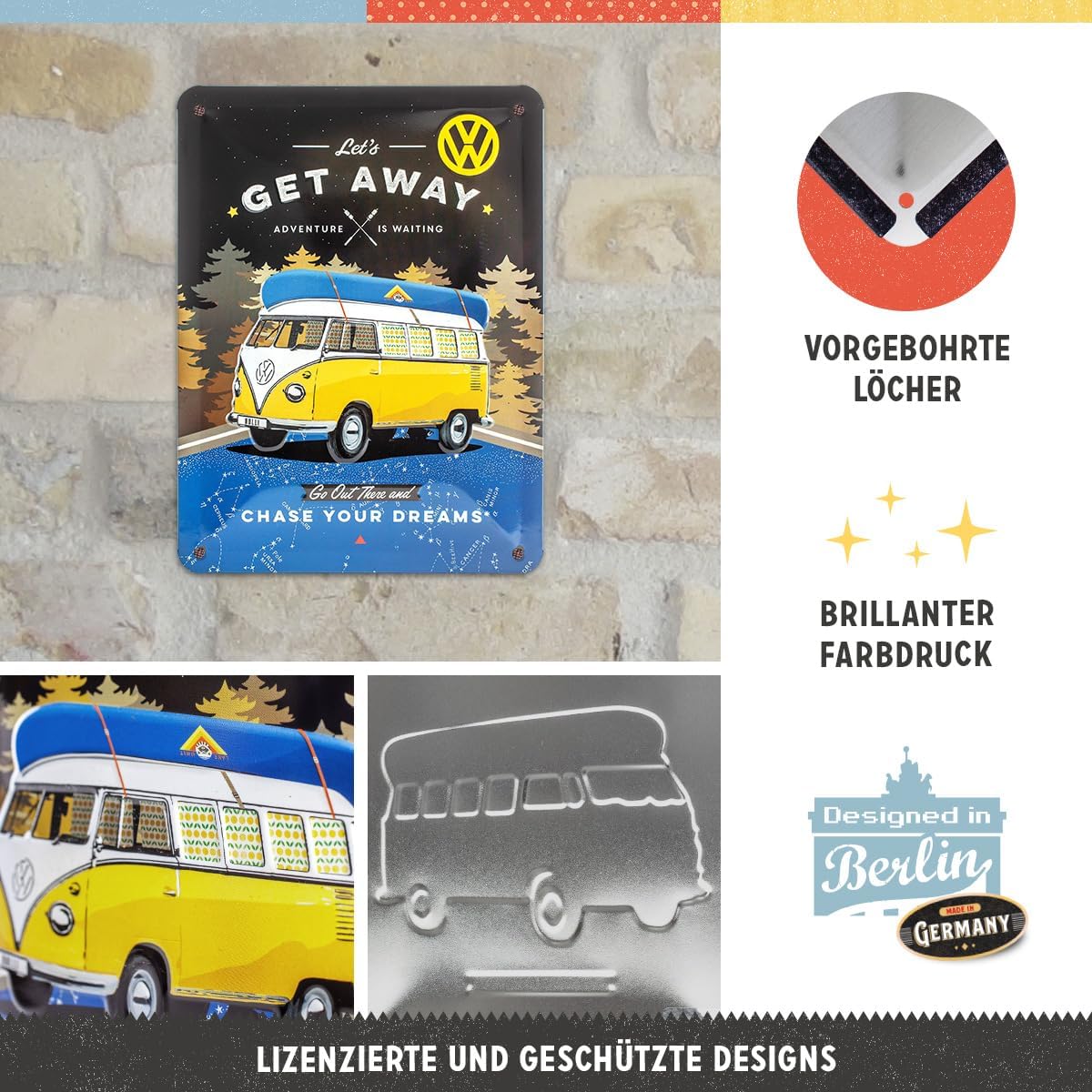 Nostalgic-Art Retro Tin Sign – Volkswagen Bulli T1 – Let's Get Away Night – VW Bus Gift idea, Metal Plaque, 15 x 20 cm