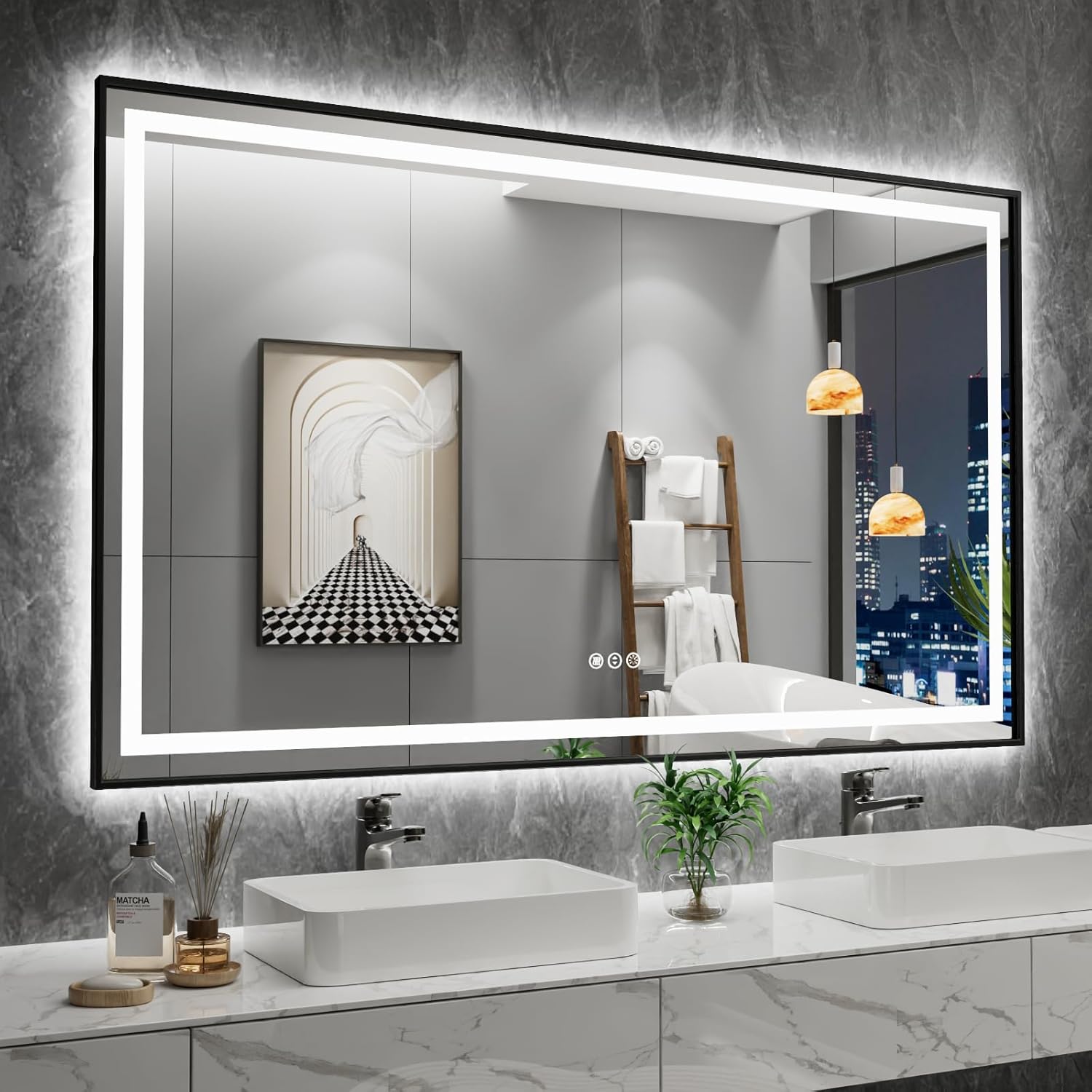 Amorho 60" X36" LED Bathroom Mirror Framed, Front Light and Backlit, Stepless Dimmable, Anti-Fog, Shatter-Proof, Memory, 3 Colors, Double LED Vanity Mirror 60"L x 36"W Black Frame