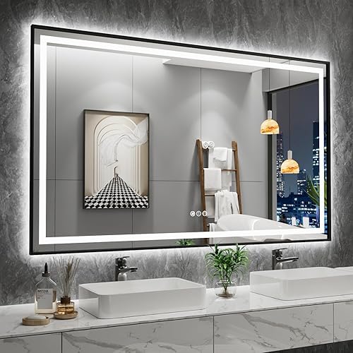 Miniatura 10 de Amorho Espejo de baño LED de 55 x 36 pulgadas, marco negro, luz frontal y retroiluminada, regulable continuamente, antivaho, a prueba de roturas,