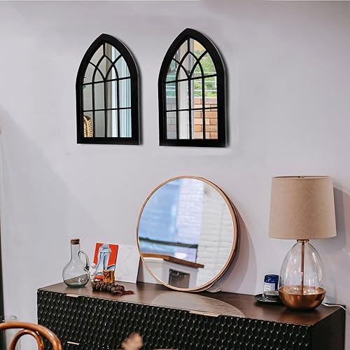 Miniatura 5 de Espejo de pared con marco de madera para ventana, 2 piezas, espejo rústico de granja, espejo de entrada con marco de madera para sala de estar,