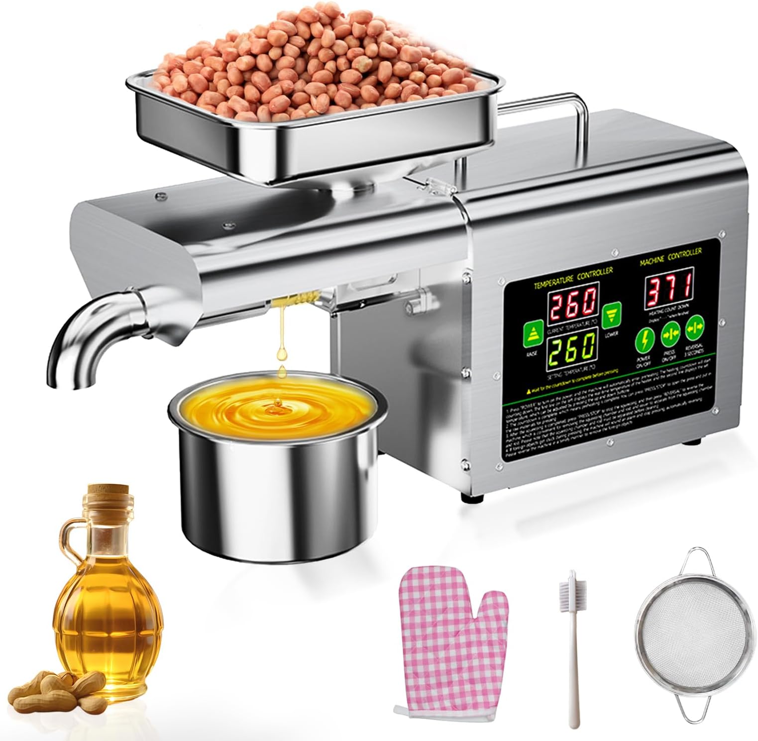 Home Commercial Automatic Oil Press Machine,820W-220V Stainless Steel Cold and Hot Press Oil Extractor for Peanut Sesame Coconut Soybean Sunflower Seeds Walnuts