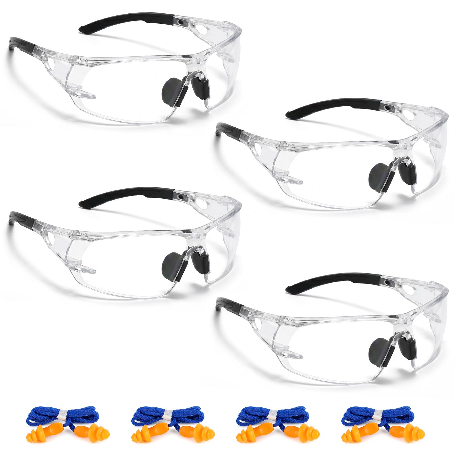 Eulihent 4 Pack Safety Goggles Adult, Protective Glasses with 4 Ear Plugs, Clear Eye Protection Glasses, Work Goggles for Lab, Construction, Shooting Range, Woodworking