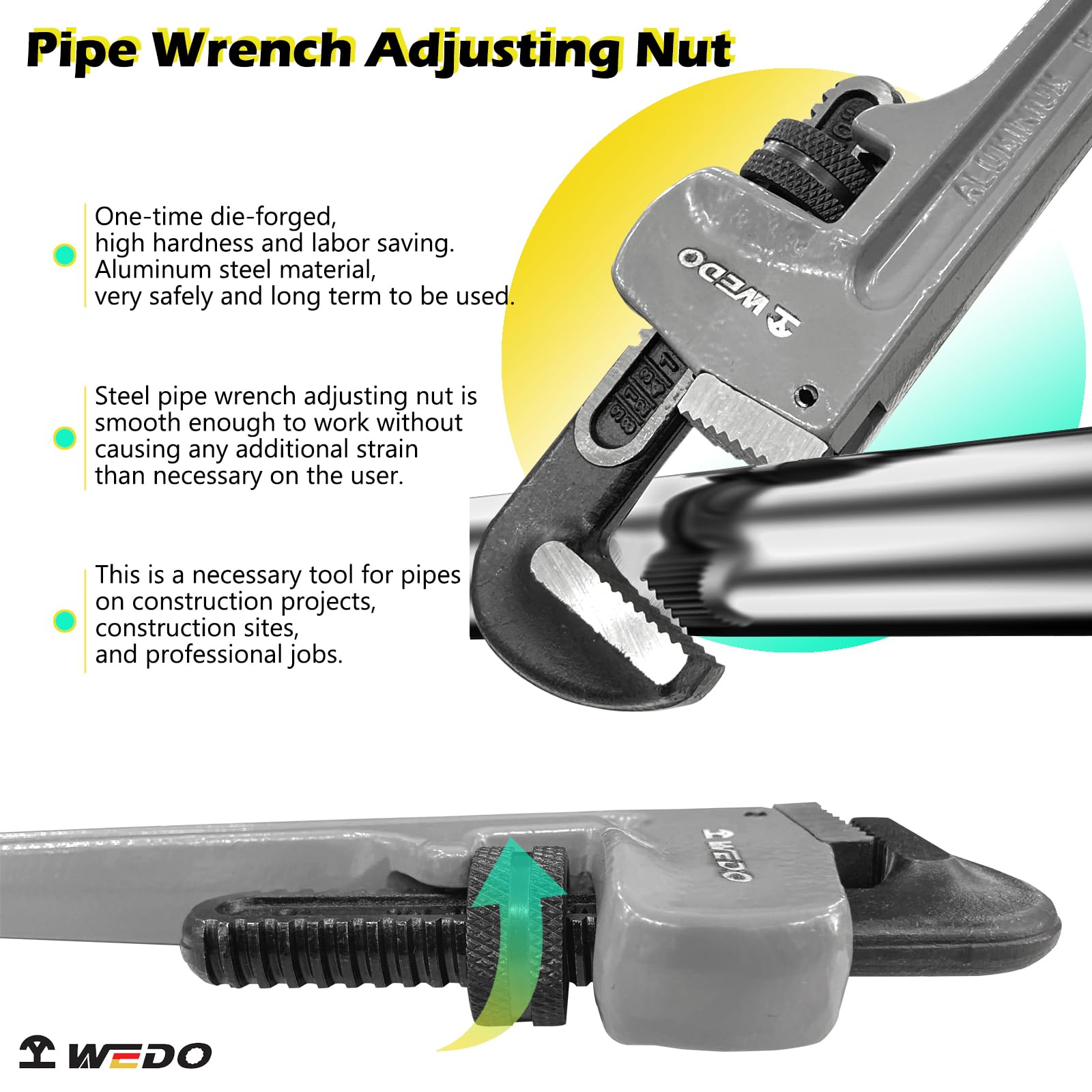 WEDO 4 szt. prostych kluczy do rur, 20 cm, 25 cm, 35 cm, 45 cm, wytrzymały aluminiowy regulowany zestaw kluczy hydraulicznych, głowica kuta ze stali chromowo-molibdenowej, szczęki poddane obróbce