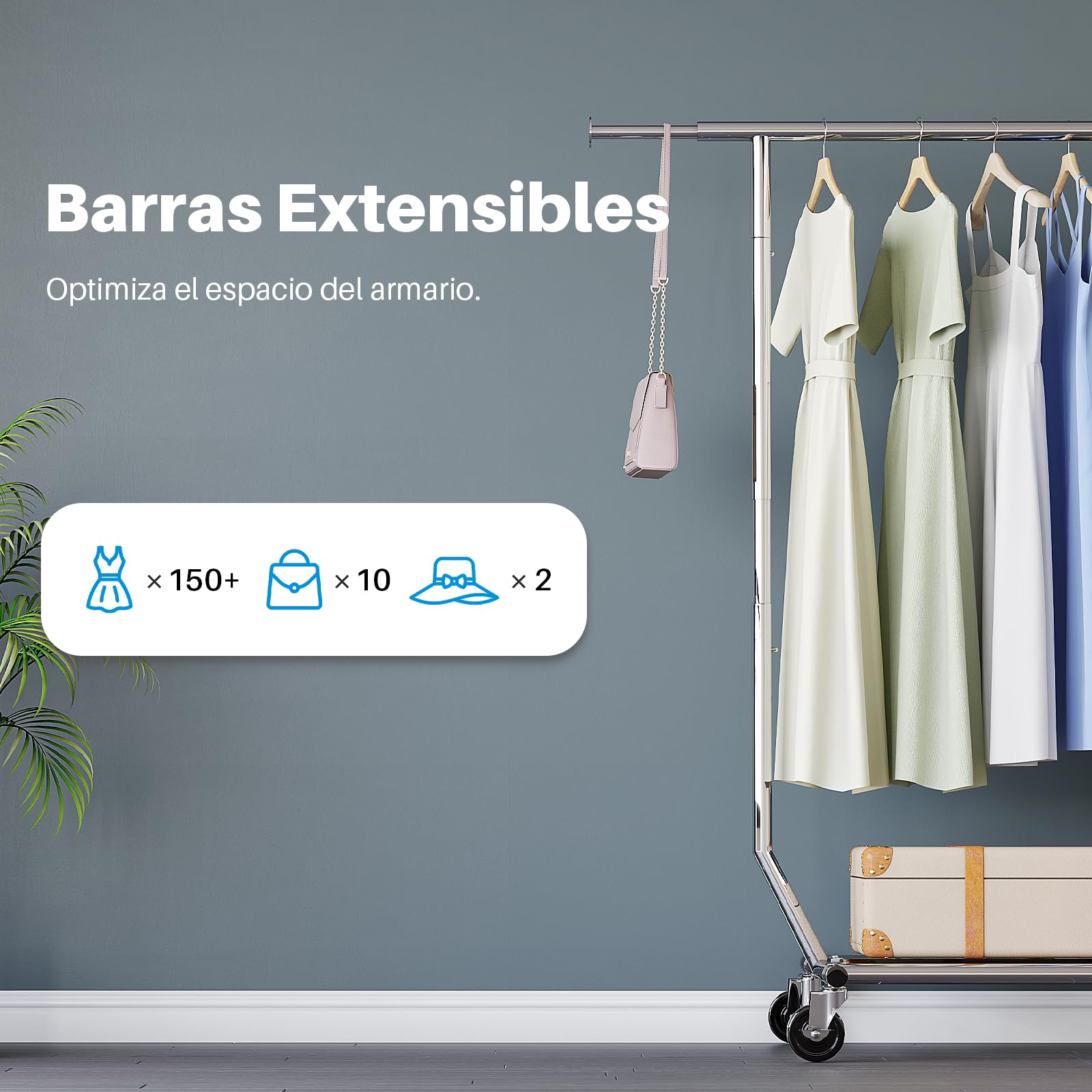 HOKEEPER Burro de Ropa Resistente 136kg, Barra Extensible con Ruedas Bloqueables, Ahorra Espacio para Dormitorio, Apartamento, Lavandería