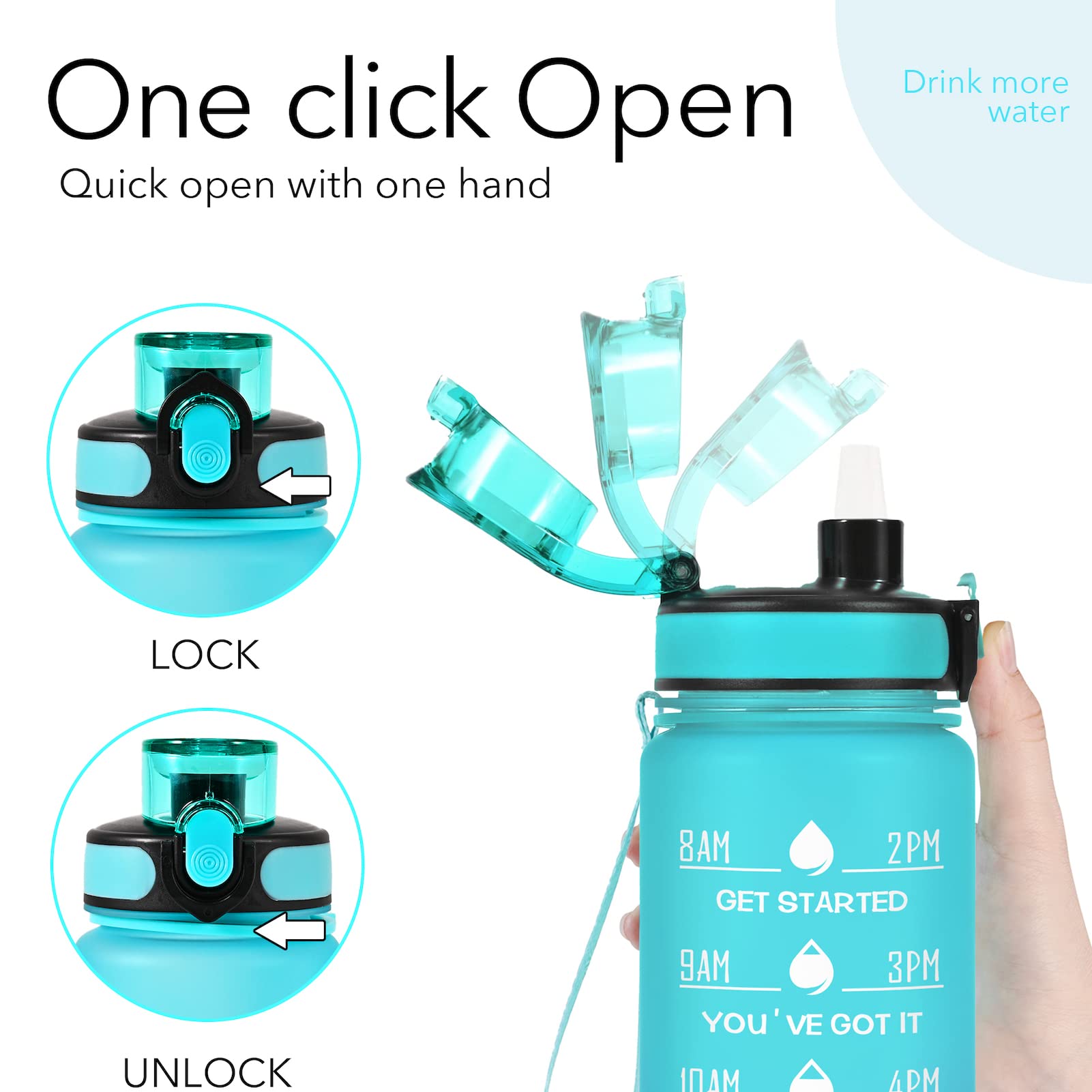 Trinkflaschen mit Strohhalm und Gurt, motivierende Wasserflaschen mit Trinkzeiten, BPA-frei, wiederverwendbar, Sport-Trinkflasche mit Ärmelträger für Wandern, Reisen, Laufen oder Fitness, Marsgrün