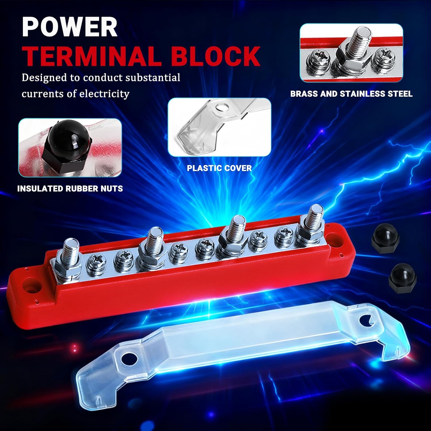 Power Distribution Block with 4 x 1/4" M6 Terminal Studs and 6 x Terminal Screws Battery Bus Bar Terminal Block with Cover for Automotive Cars, Trucks, RVs, Marine and Boats - 1 Set