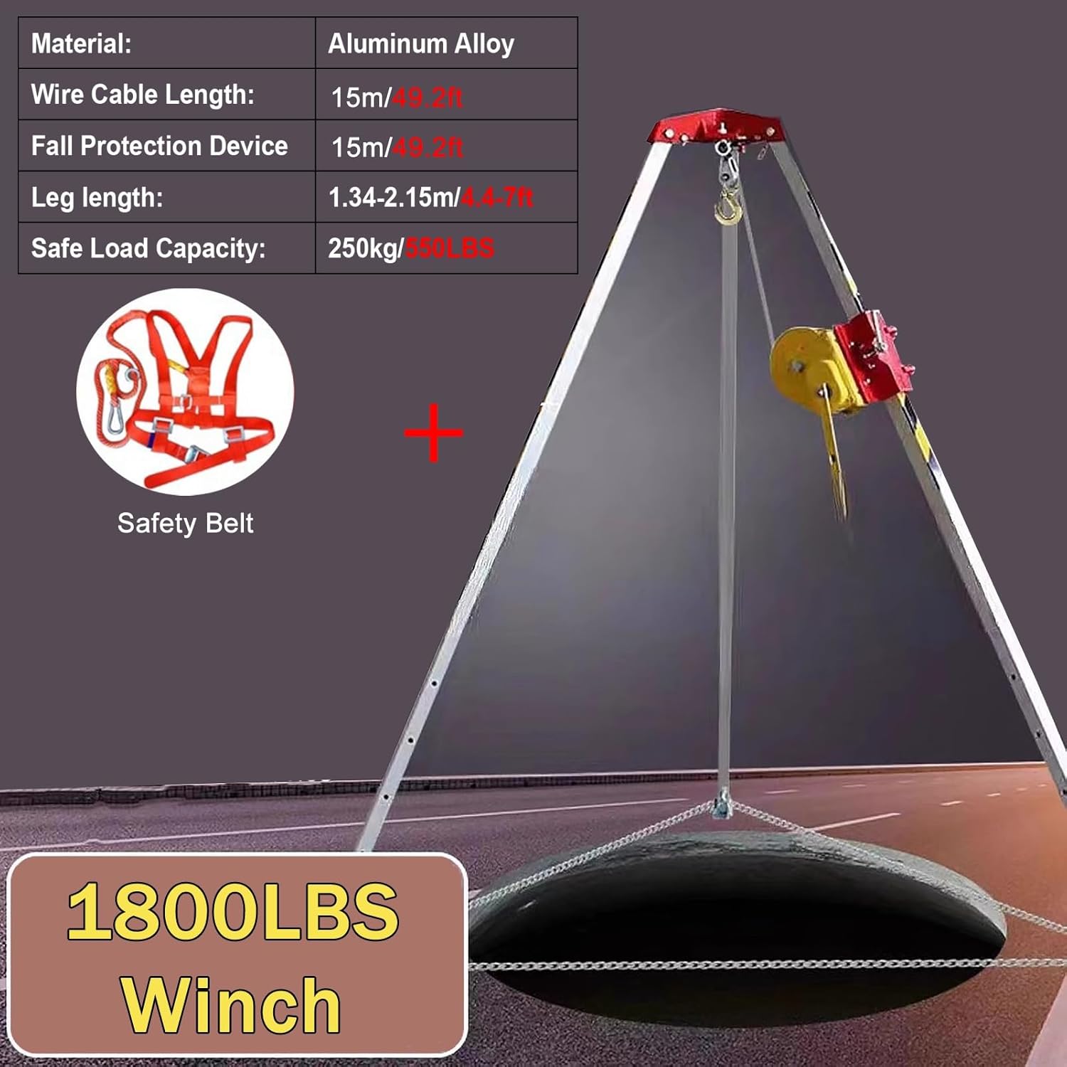 Heavy Duty Fall Arrest Kit Aluminum Confined Space Tripod with 49' Winch Retractable Anti-Drop Rescue System for High Altitude Cliffs & Narrow Spaces