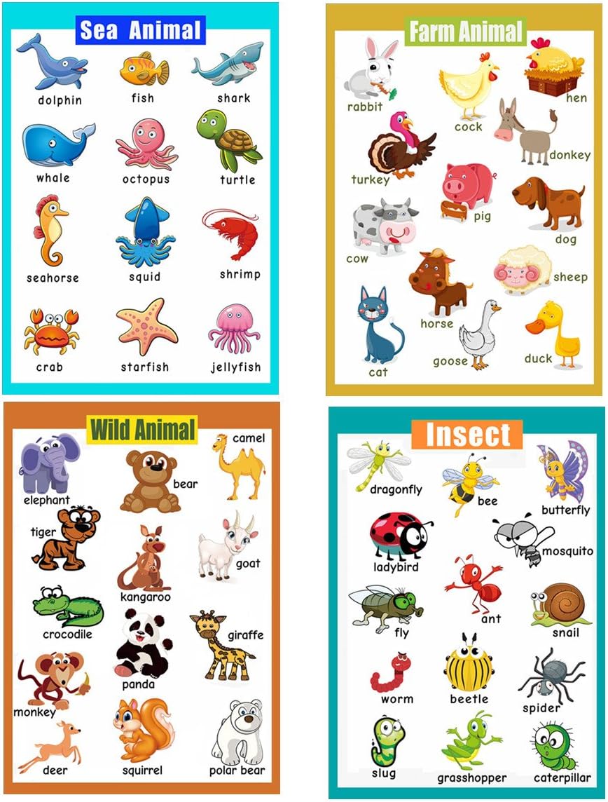 4 Educational Learning Preschool Posters for Toddlers| Educational Wall Charts Perfect For Nursery And Homeschool|Classroom decorations for Teachers-Sea Animal,Farm Animal,Wild Animal,Insect