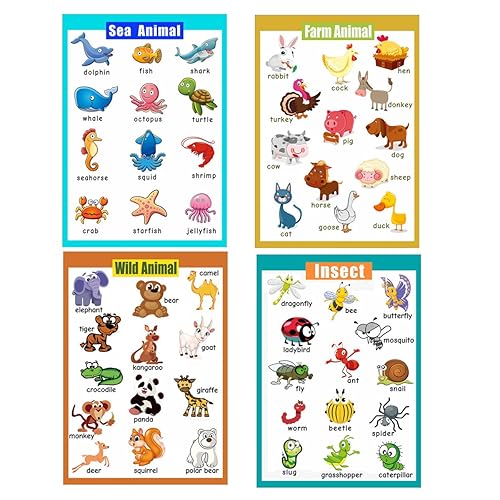 4 carteles educativos laminados para preescolares para niños pequeños, gráficos de pared educativos, carteles de aula escolar, decoraciones de clase