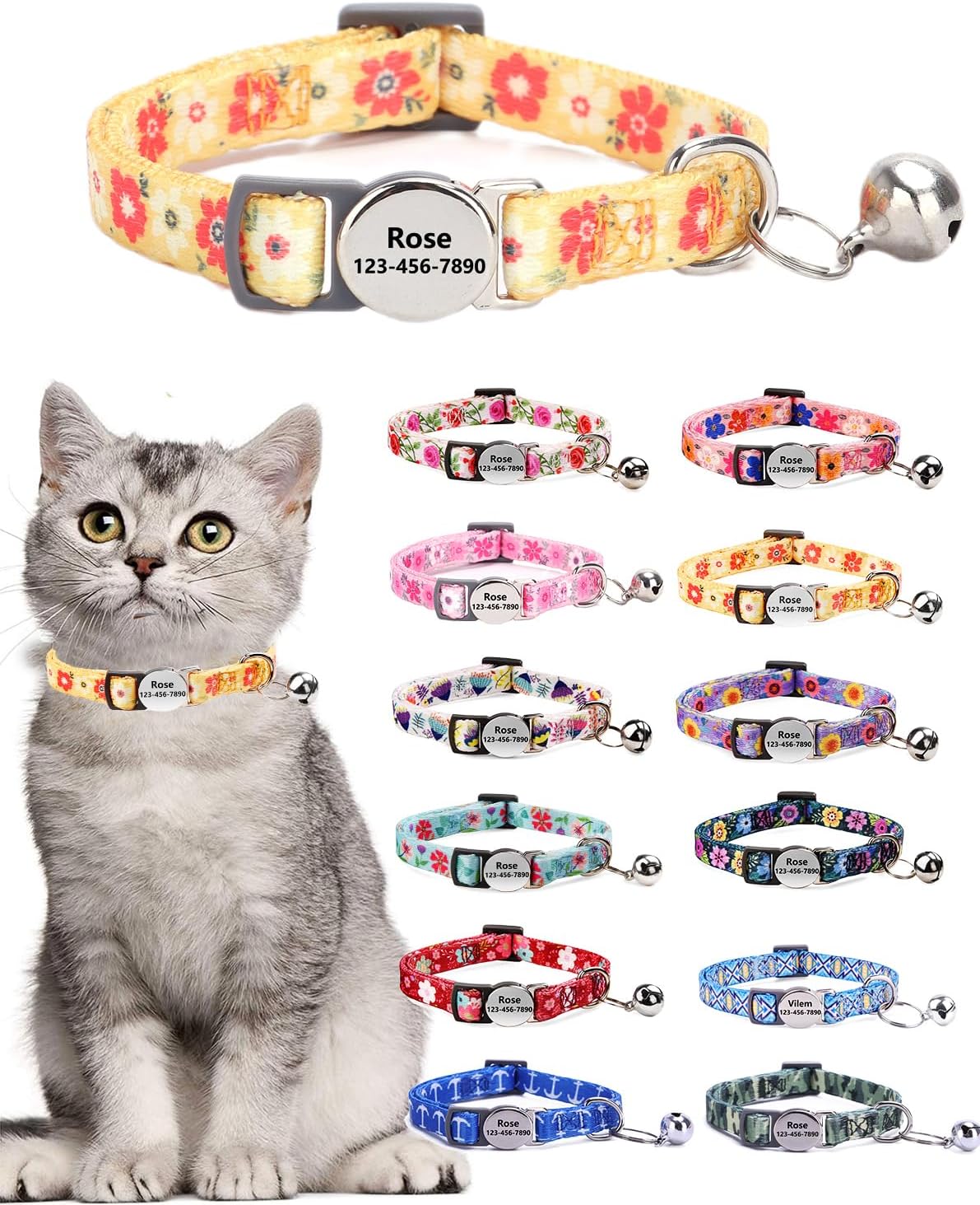 Custom Personalized Breakaway Kitten Cat Collar with ID Name Phone Number Tag Plate/Customized Engraved Floral Pattern Boy Girl Cat Kitten Collar with Bell