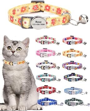 Custom Personalised Personalized Breakaway Cat Collar with ID Name Phone Number Tag Plate/Customized Engraved Floral Pattern Boy Girl Cat Kitten Collar with Bell