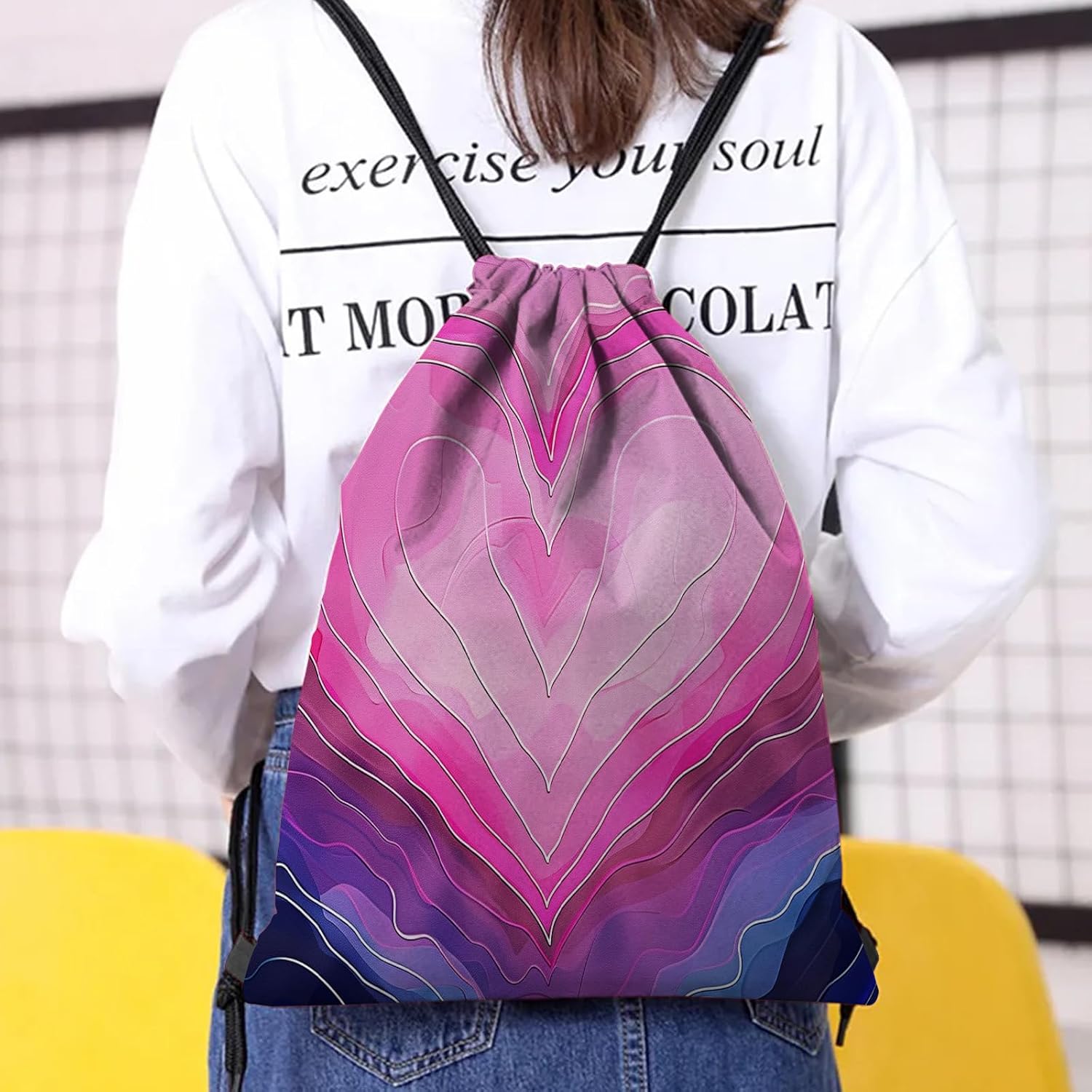 Drawstring Backpack Draw String Bag Waterproof for Sports Gym Beach Travel Cute Aesthetic Sackpack Men Women (13"×17")-Dark Pink image 5