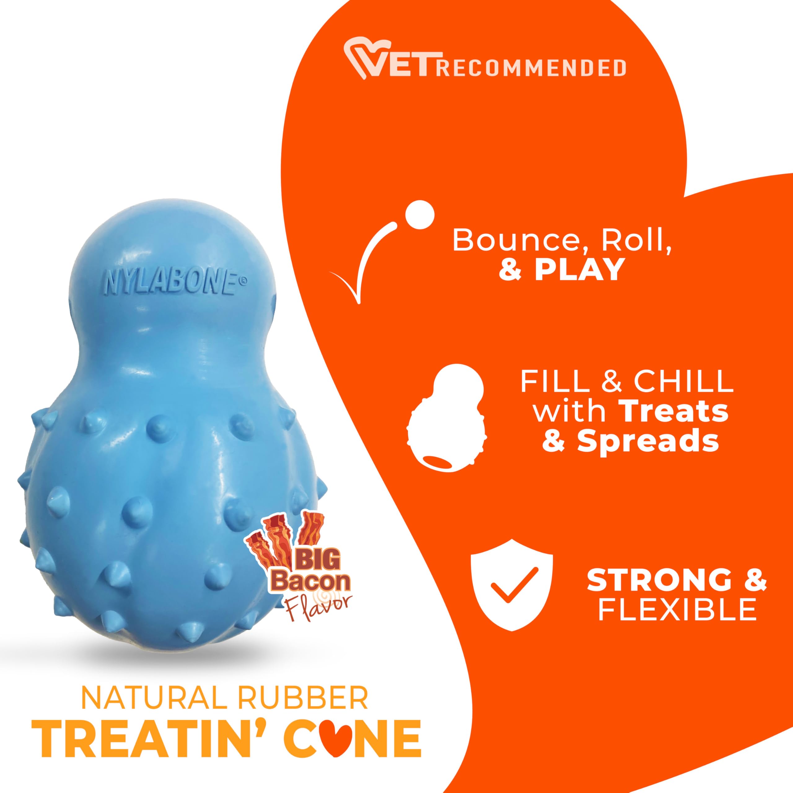 Nylabone Treatin' Cone Starkes füllbares Kauspielzeug für Hunde, Naturkautschuk, befüllbares Leckerli-Spielzeug, Leckerli-Dosierung, Hundespielzeug, Speckgeschmack, Größe XL, 1 Stück