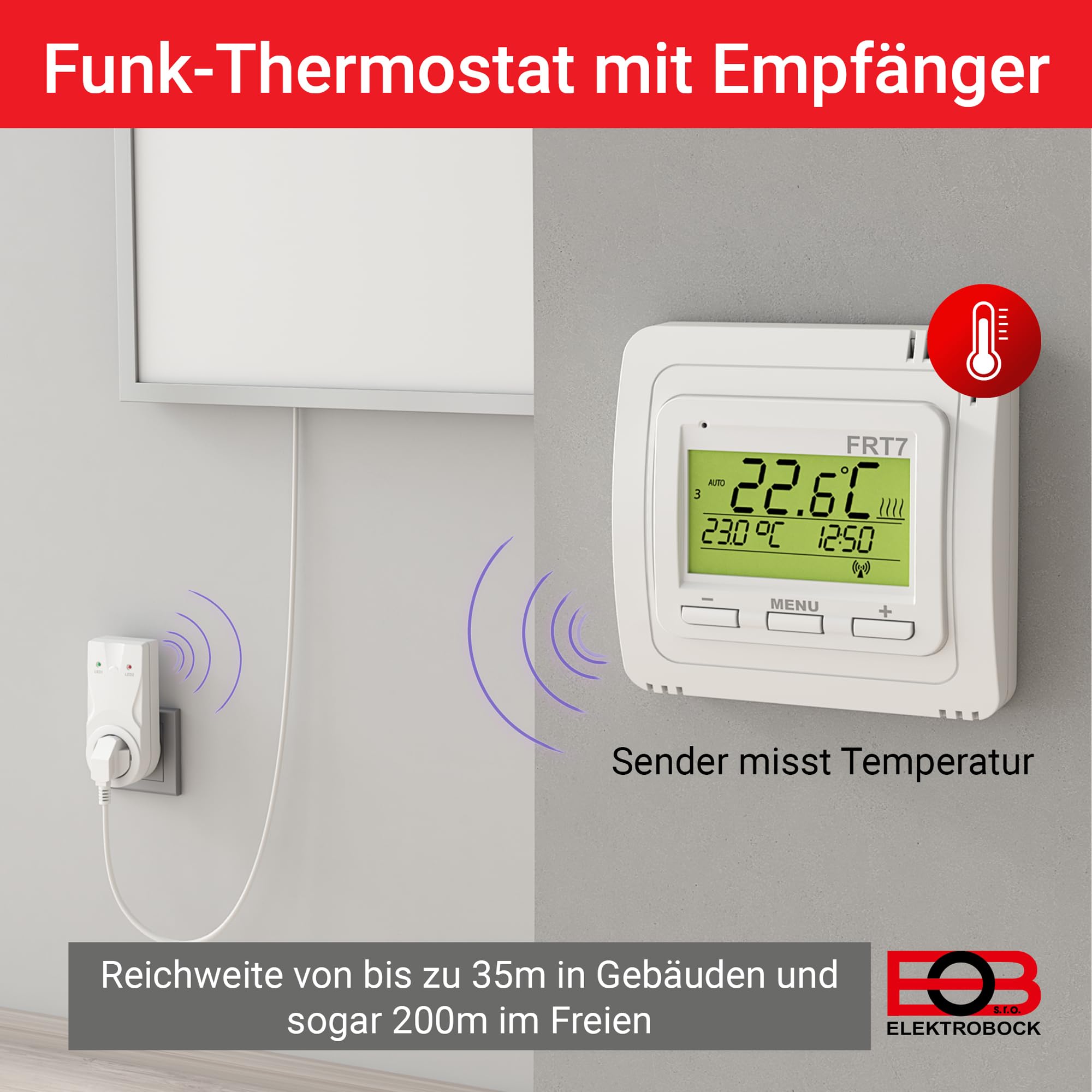 ELEKTROBOCK FRT7B3 Funk-Raumthermostat mit Standfuß | Überall hinstellen | mit Empfänger | 𝑳𝓐𝑵𝐆𝑳𝜠𝓑𝑰𝐆 | Große Reichweite | Für elektrische Heizung und Infrarotheizung, Weiss