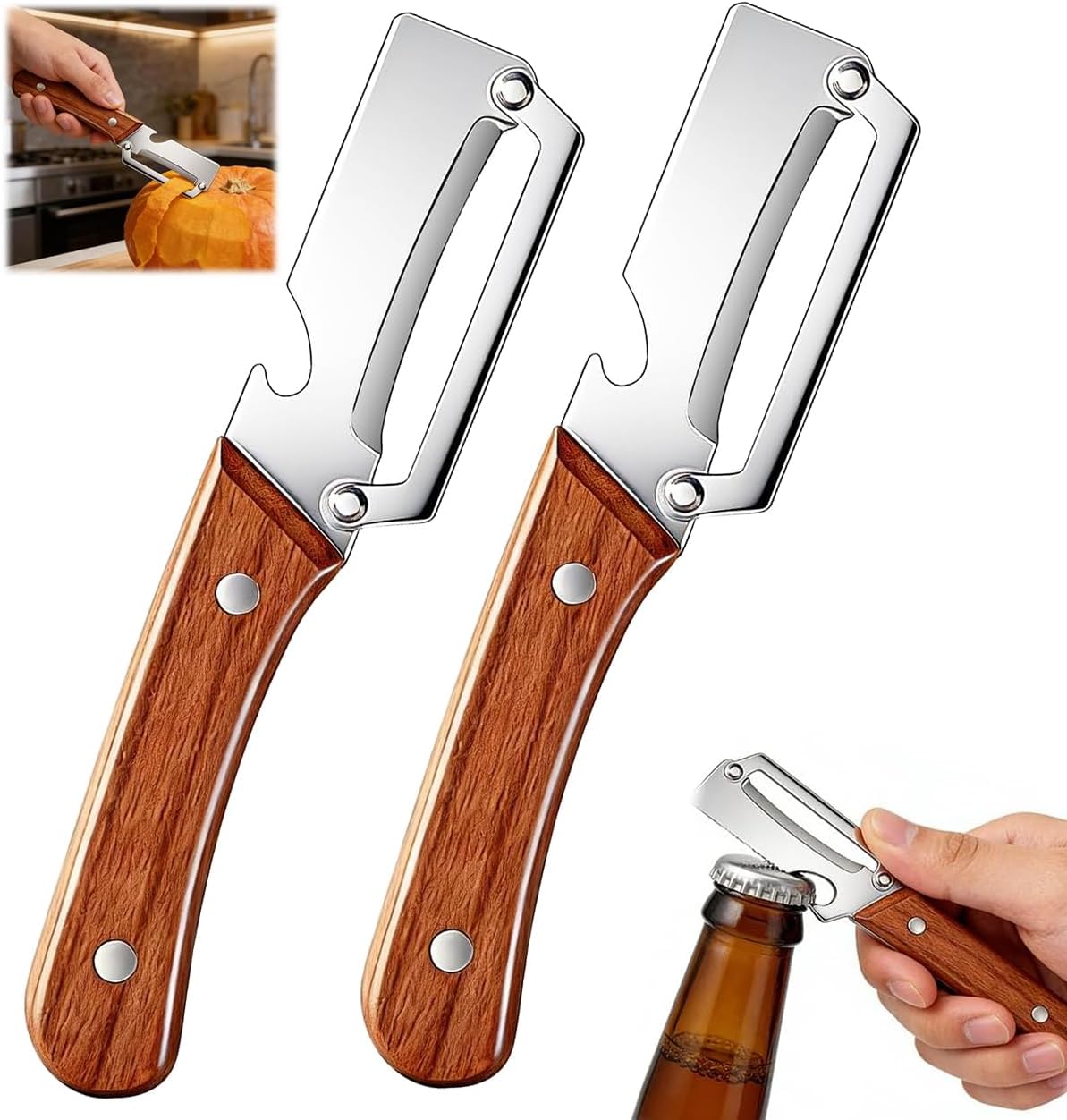 2 PCS Premium Vegetable Peeler with Wooden Handle and Bottle Opener, 2 in 1 Multi Functional Stainless Steel Kitchen Tool for Potato Fruit Pineapple Pumpkin Papaya Carrot Veggie Peeler