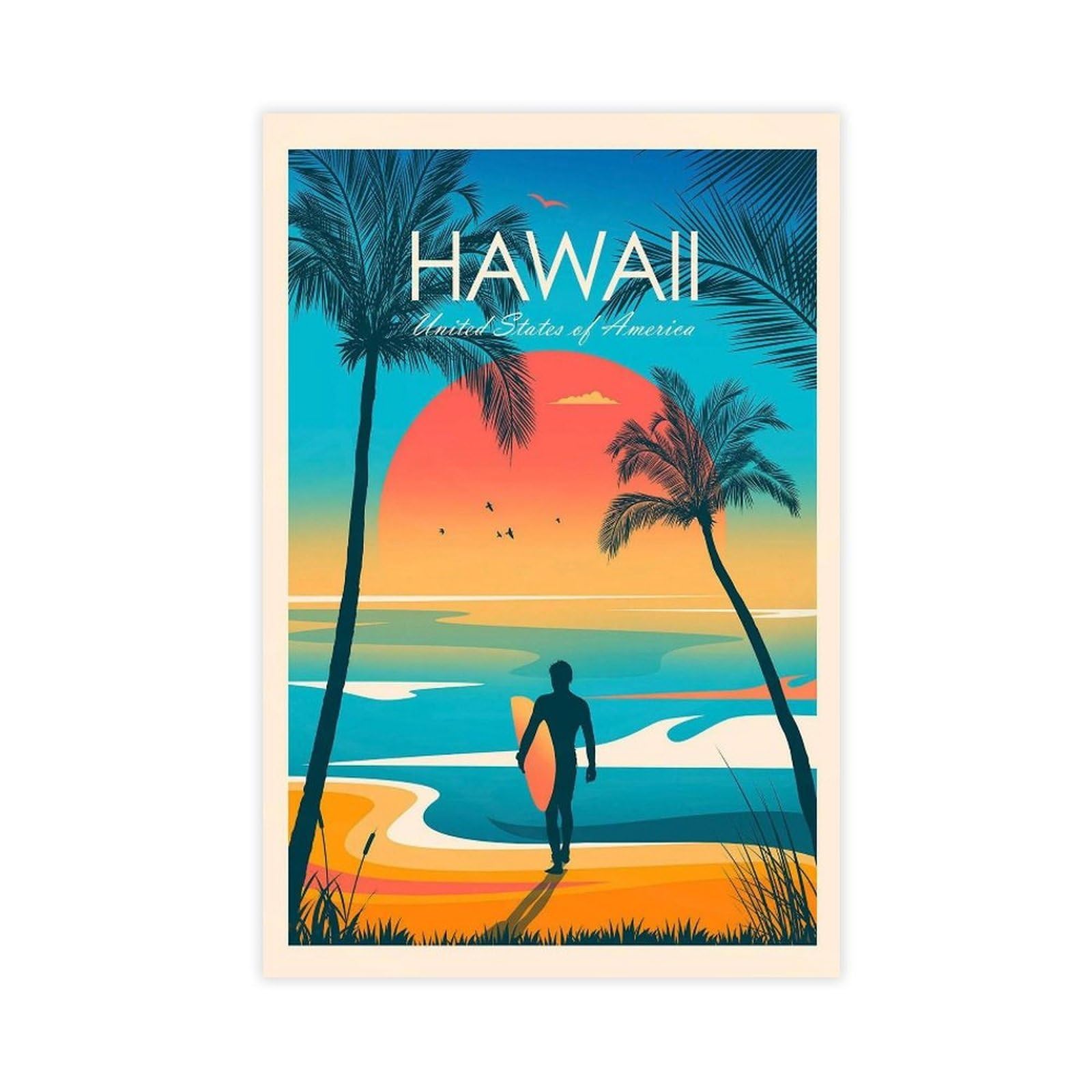 Qogdaf Hawaii Travel Waikiki Surfing Canvas Poster Bedroom Decor Landscape Office Room Decor Gift 12X18inch(30X45cm)