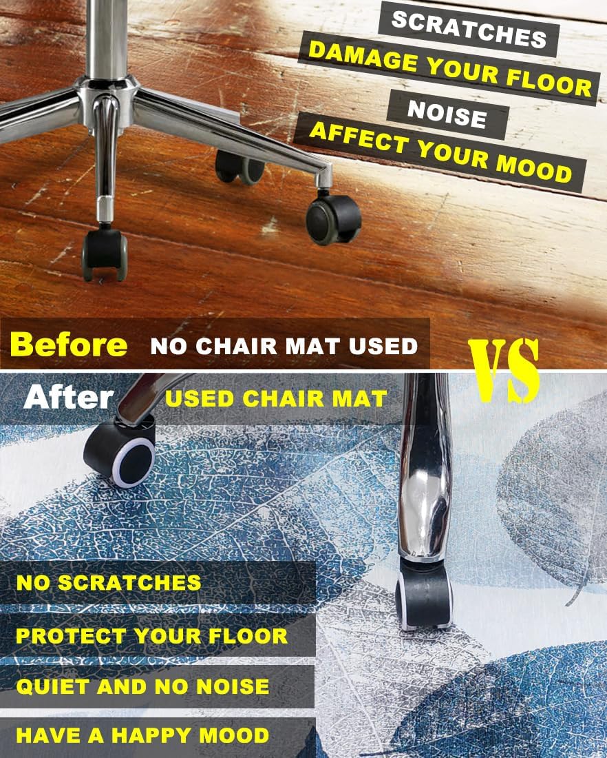 Office Chair Mat for Hardwood Floor & Low-Pile Carpet,60“*48”Highly Premium Quality Under Desk Mat, Desk Chair Mat for Carpet - 3.86lbs Anti-Slip Carpet Chair Mats Blue Leaf