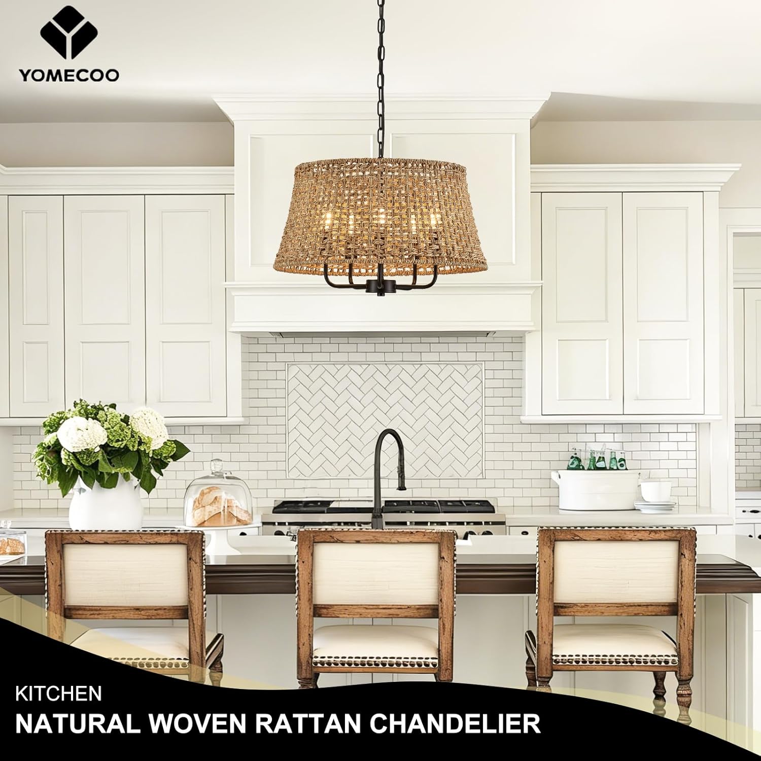 Hand-Woven Rattan Chandelier Vintage Farmhouse Boho Bamboo Chandeliers Light Fixture Retro Drum Wicker Rattan Black Chandelier for Dining Room, Kitchen, Living Room