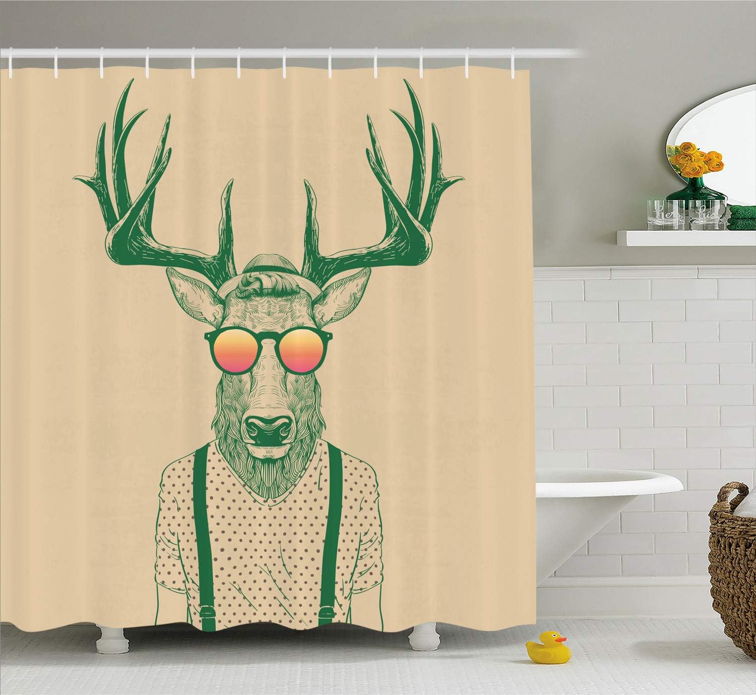 Ambesonne Antlers Shower Curtain, Illustration of Deer Dressed up Like Cool Hipster Fashion Creative Fun Animal, Cloth Fabric Bathroom Decor Set with Hooks, 69" W x 75" L, Beige Green