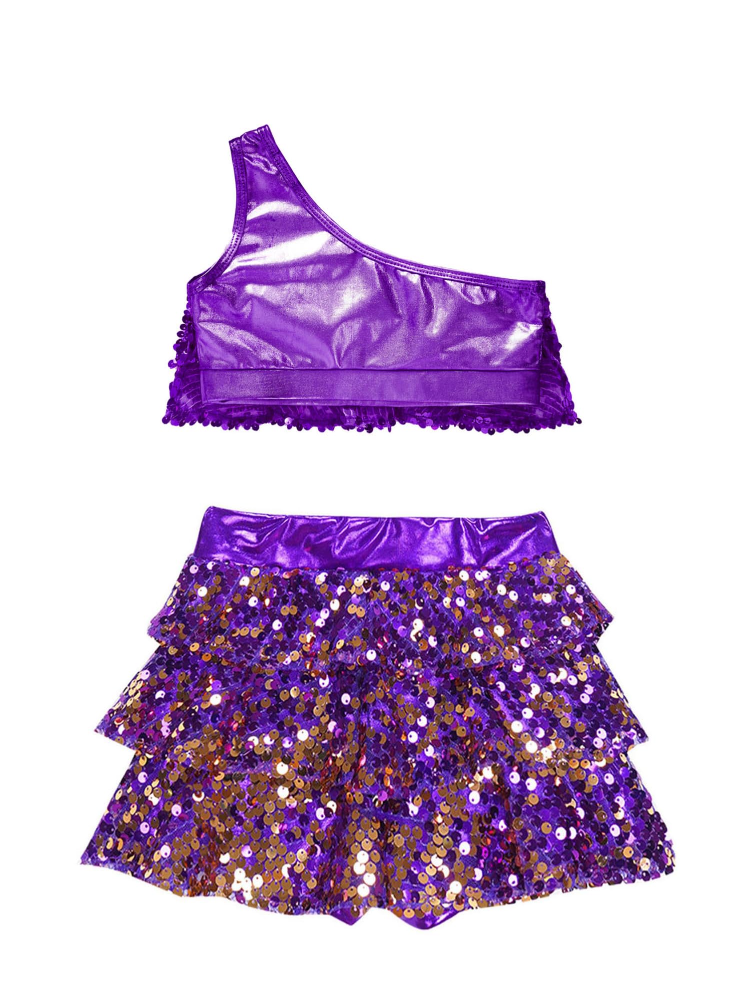 Aislor Traje De Actuación De Baile para Niñas Lentejuelas Top Corto De Un Hombro + Falda Pantalones Cortos con Cintura Elástica Disfraz Baile Salsa Tango Latino