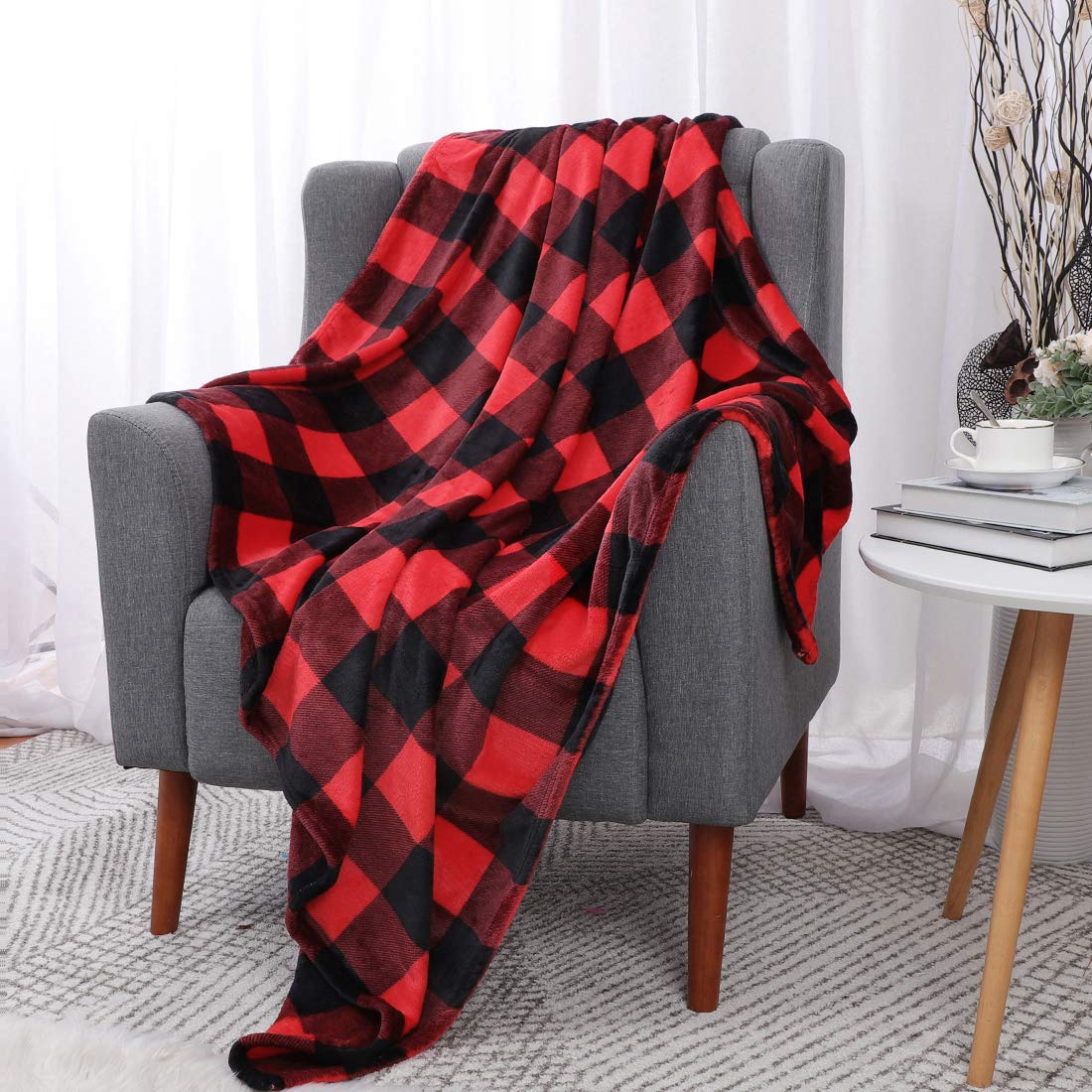 PiccoCasa Karierte Decke Wolldecke Große Decke Tagesdecke Fleecedecke Warme & weiche Wohn- & Kuscheldecke als Sofadecke/Couchdecke Sofaüberwurf Rot&Schwarz 150x200cm