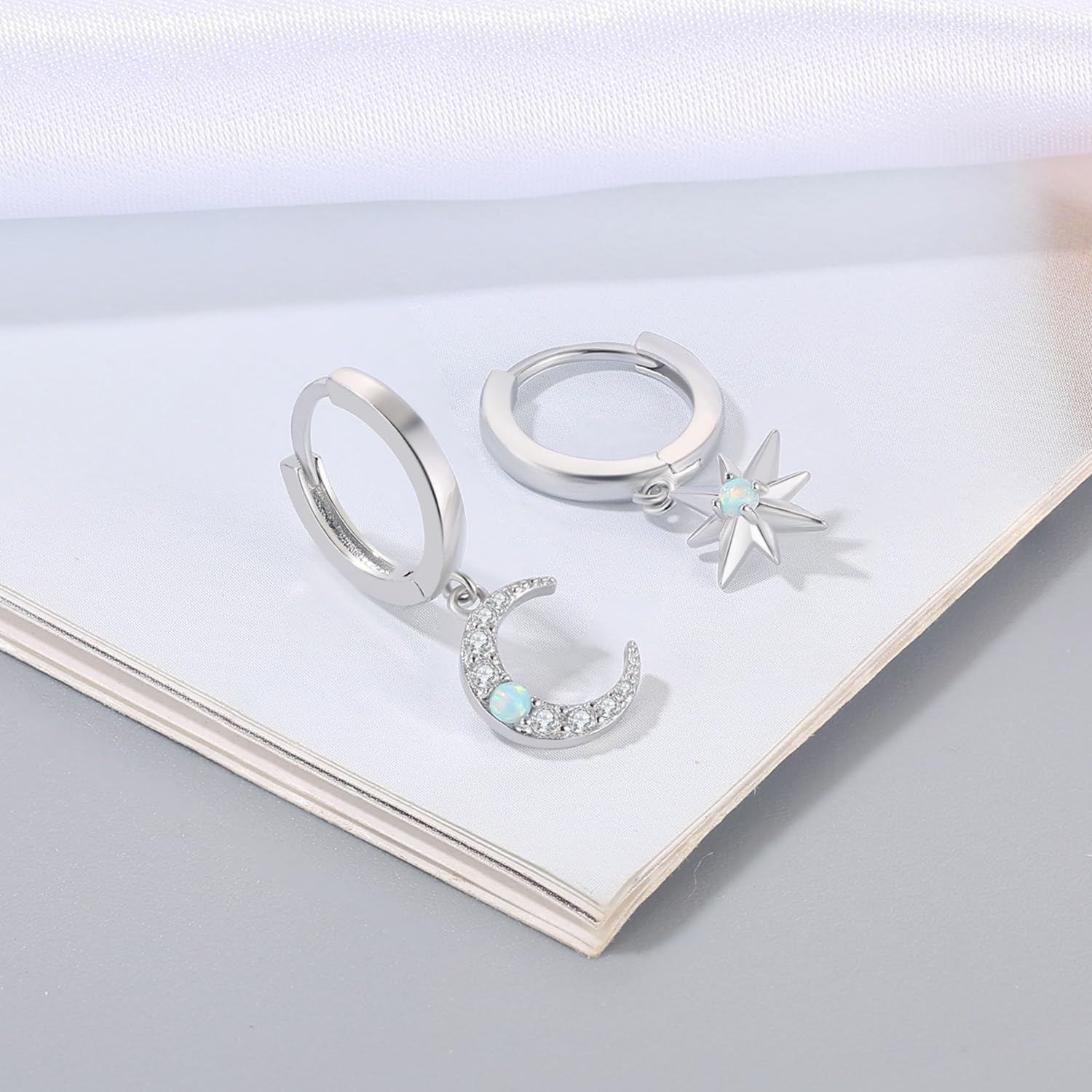 Dainty Hoop Dangle Earrings for Women, Small Hoop Earring with Charm - Moon Star, Spike, Evil Eye, Sterling Silver Huggie Drop Earrings for Her