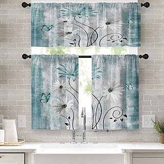 Farmhouse Floral Kitchen Window Curtains Valance and Tier Set 36 Inch, Teal and White Daisies Abstract 3 Piece Rod Pocket Short Tier Curtain for Bathroom, Vintage Drapes for Kitchen Decor