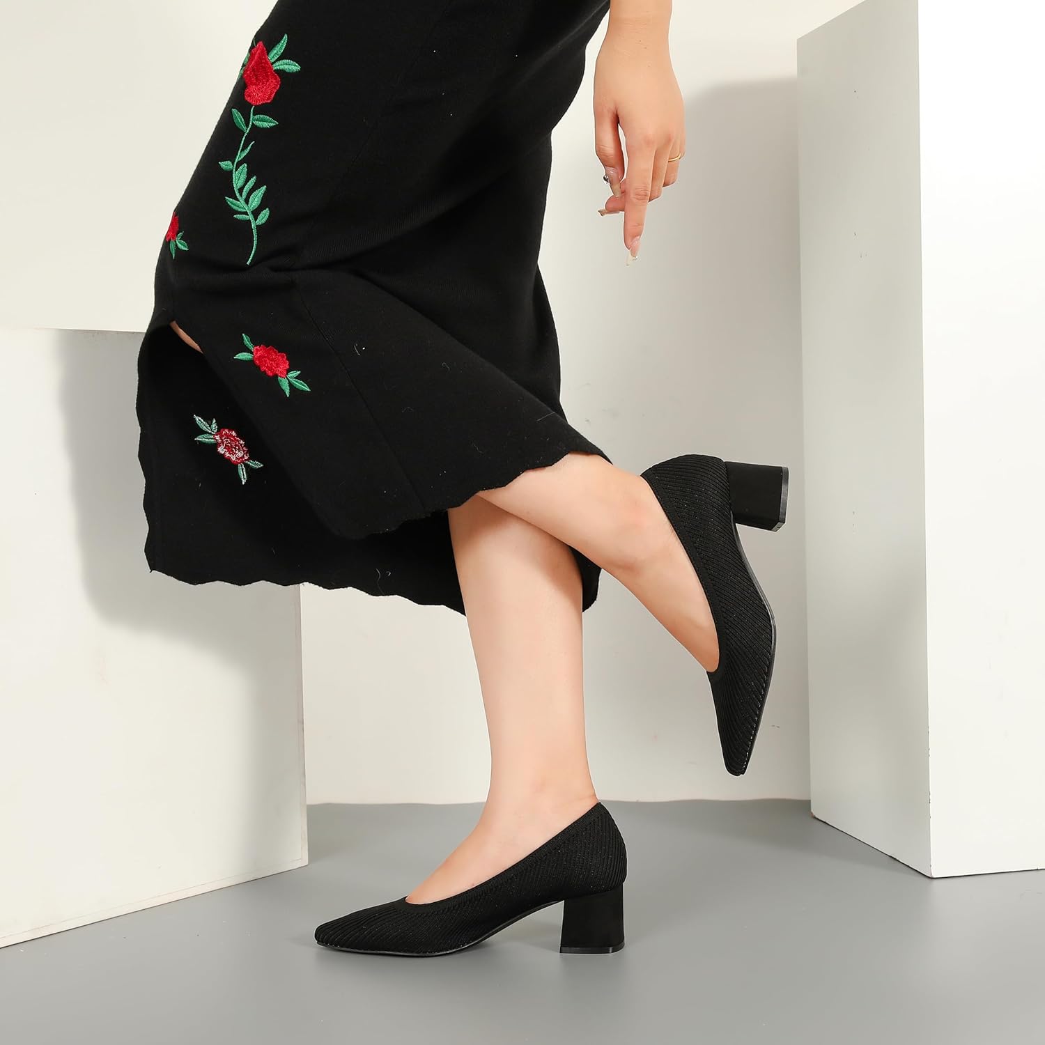 Enelauge Women’s Knit Pumps Closed Toe Low Chunky Block Heels Slip On Comfortable Pointed Toe Office Work Dress Business Wedding Prom Shoes - Image 3