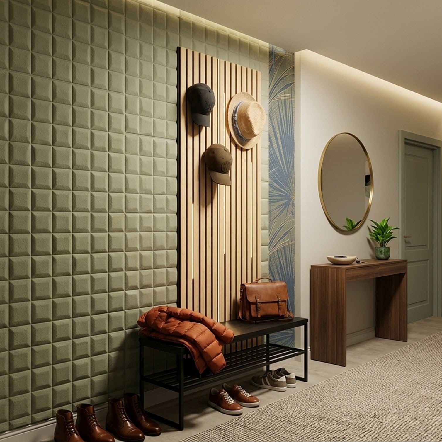 3D Wandpaneele Selbstklebend [SAMTOPTIK] – Gepolsterte Wandverkleidung zum Kleben – Moderne Wandgestaltung für Wohnzimmer, Schlafzimmer, Büro & Gastronomie – 69 x 277 cm Quadrat-Steppung, Grün