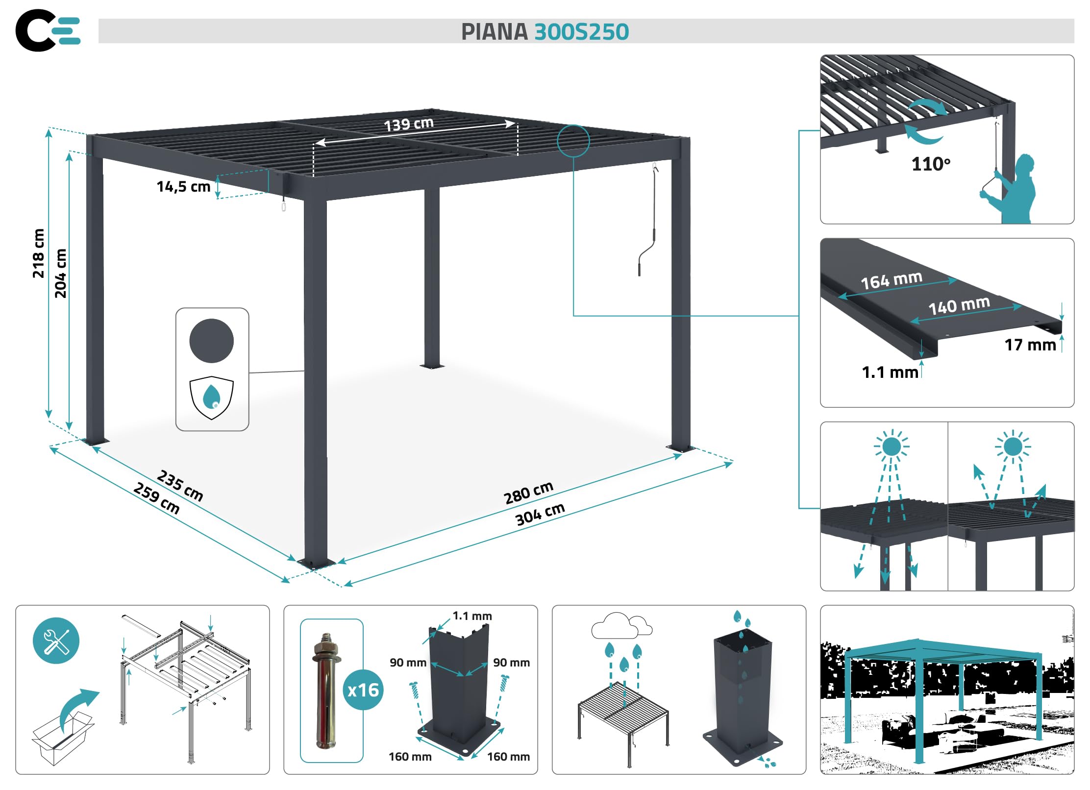Cazeboo PIANA 3x2,5m szara aluminiowa samonośna pergola bioklimatyczna