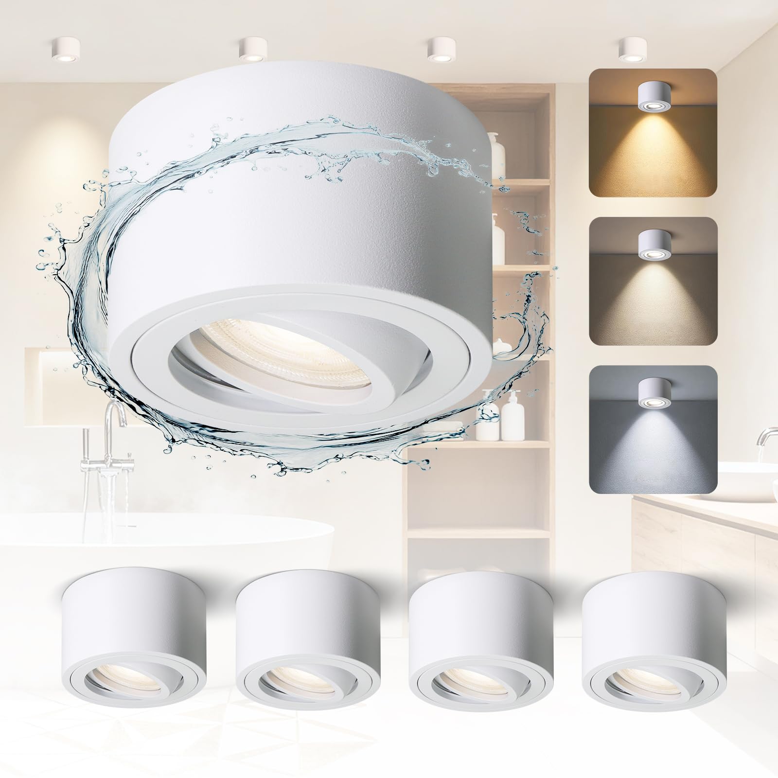 mega lumen LED Surface Mounted Ceiling Spotlights White (Pack of 4), IP65 5W 3CCT CRI90+