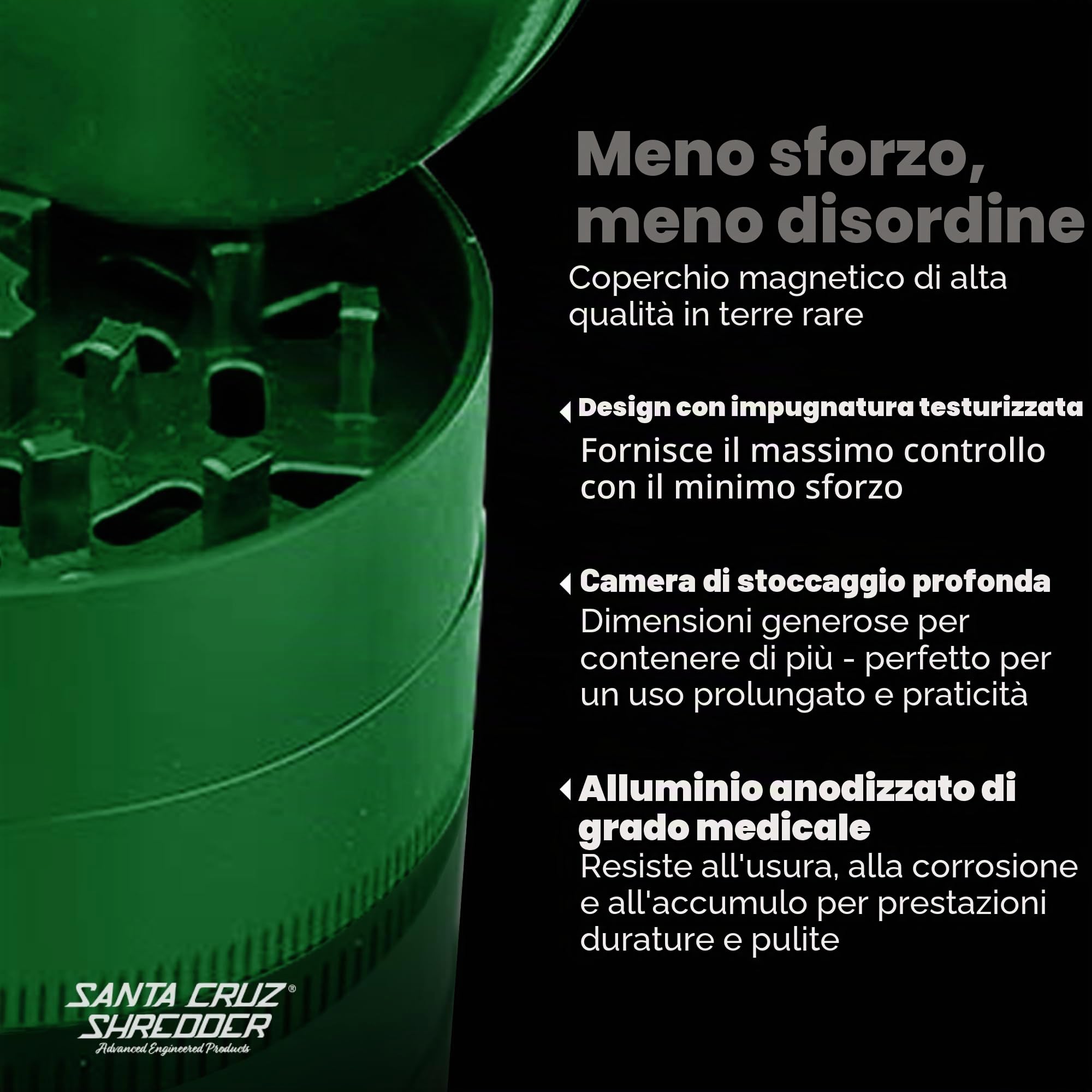 Santa Cruz Shredder Macinino in metallo per erbe aromatiche con parte superiore zigrinata per una presa più forte, 3 pezzi, grande, 6,9 cm, verde