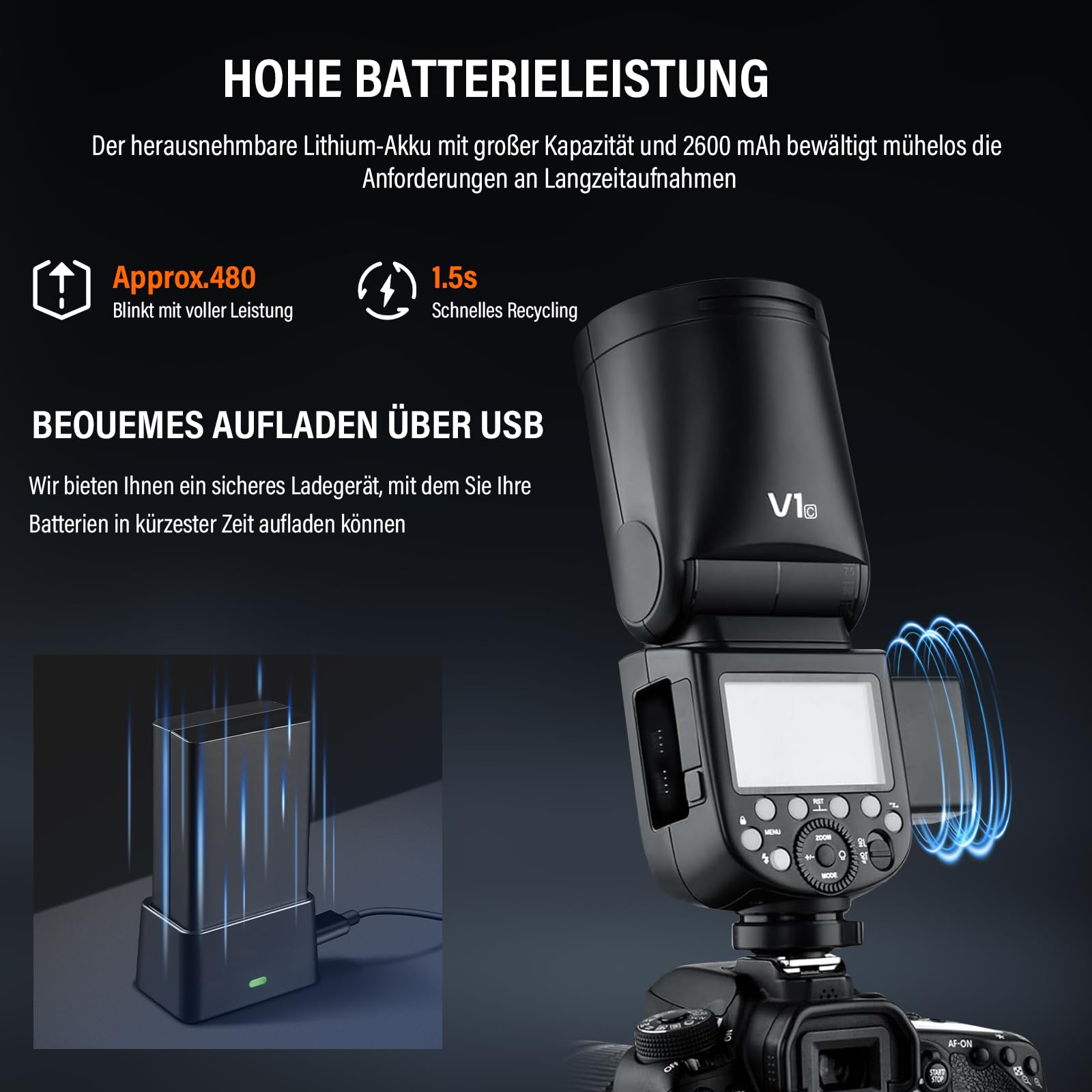 Godox V1F Flash Speedlite 76Ws 2.4G Alta Velocità Sync 1/8000s 2600mAh Li-Ion Akku per Fotocamere Fuji