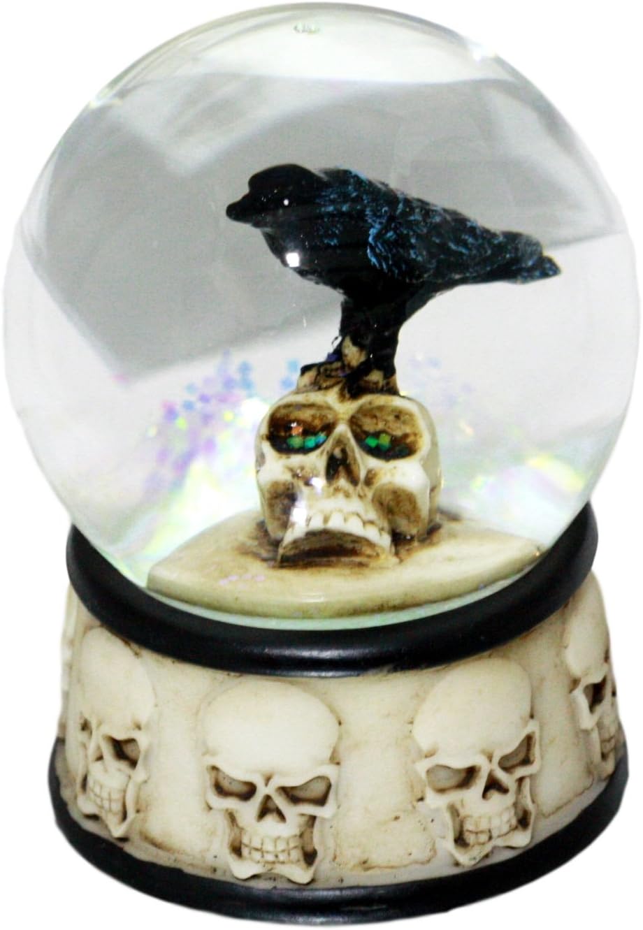 Ebros Gift Small Day of The Dead Edgar Allan Poe Quoth The Raven Perching On Giant Skull Glitter Water Globe Collectible Figurine with Skull Faces Base 3.5" Tall