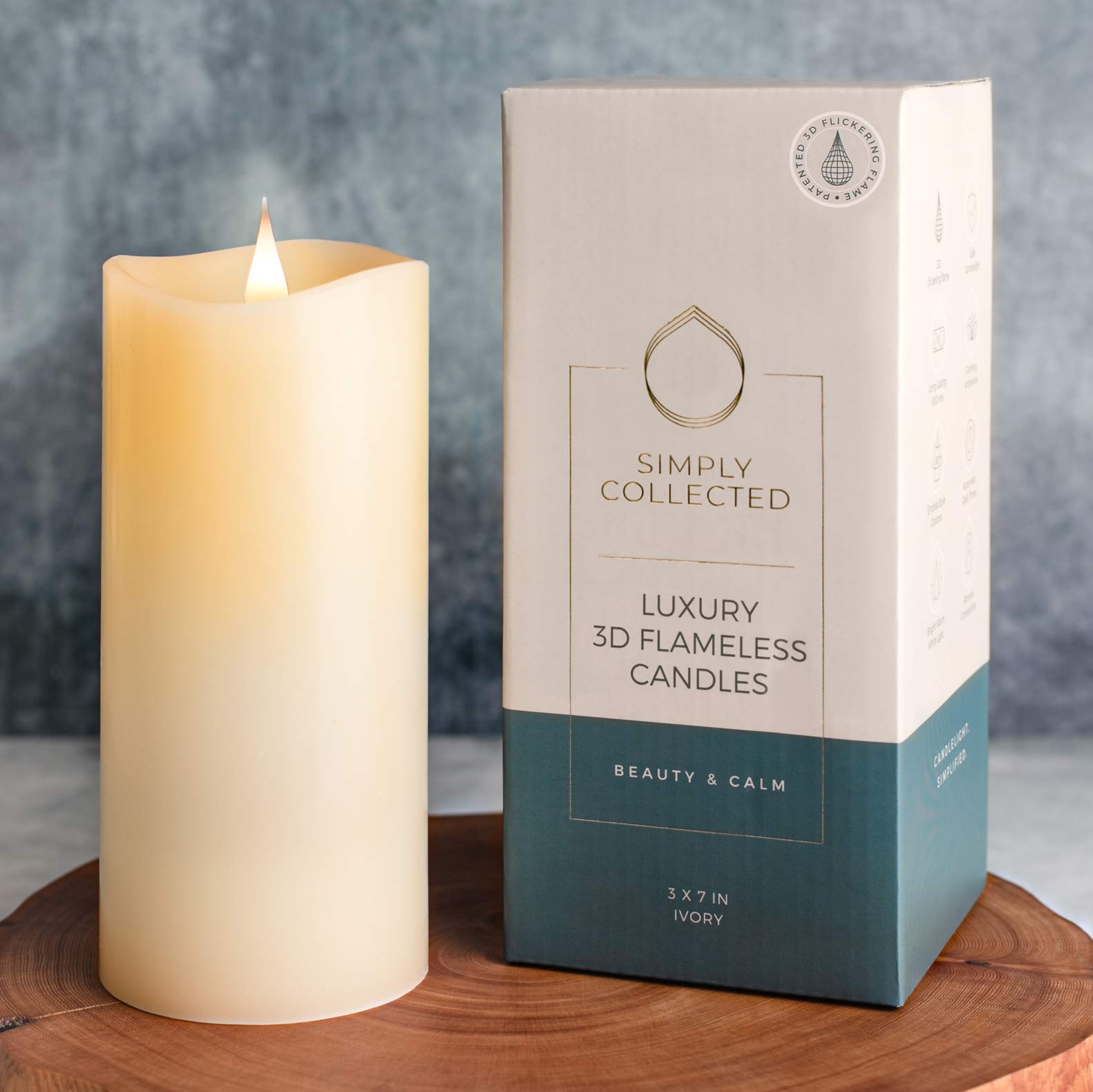 (7.6cm x 18cm , Ivory) - Simply Collected 3D Flickering Flameless Candles Battery Operated 800+ Hours Bright Warm-White Flame - 360 Degree Wax Pillar Large Battery Operated Candles with Timer LED -...