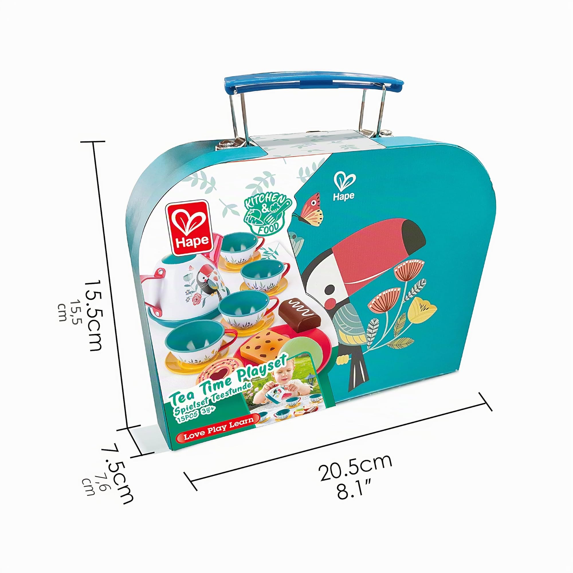 Hape Kit de Jeu de Thé avec Coffret et Accessoires de Cuisine - pour Les Enfants de 3 Ans et Plus - Jeu d'Éveil, Imitation et Motricité Fine - Inclus 1 Théière, 1 Serviette de Pique-Nique, 4 Tasses