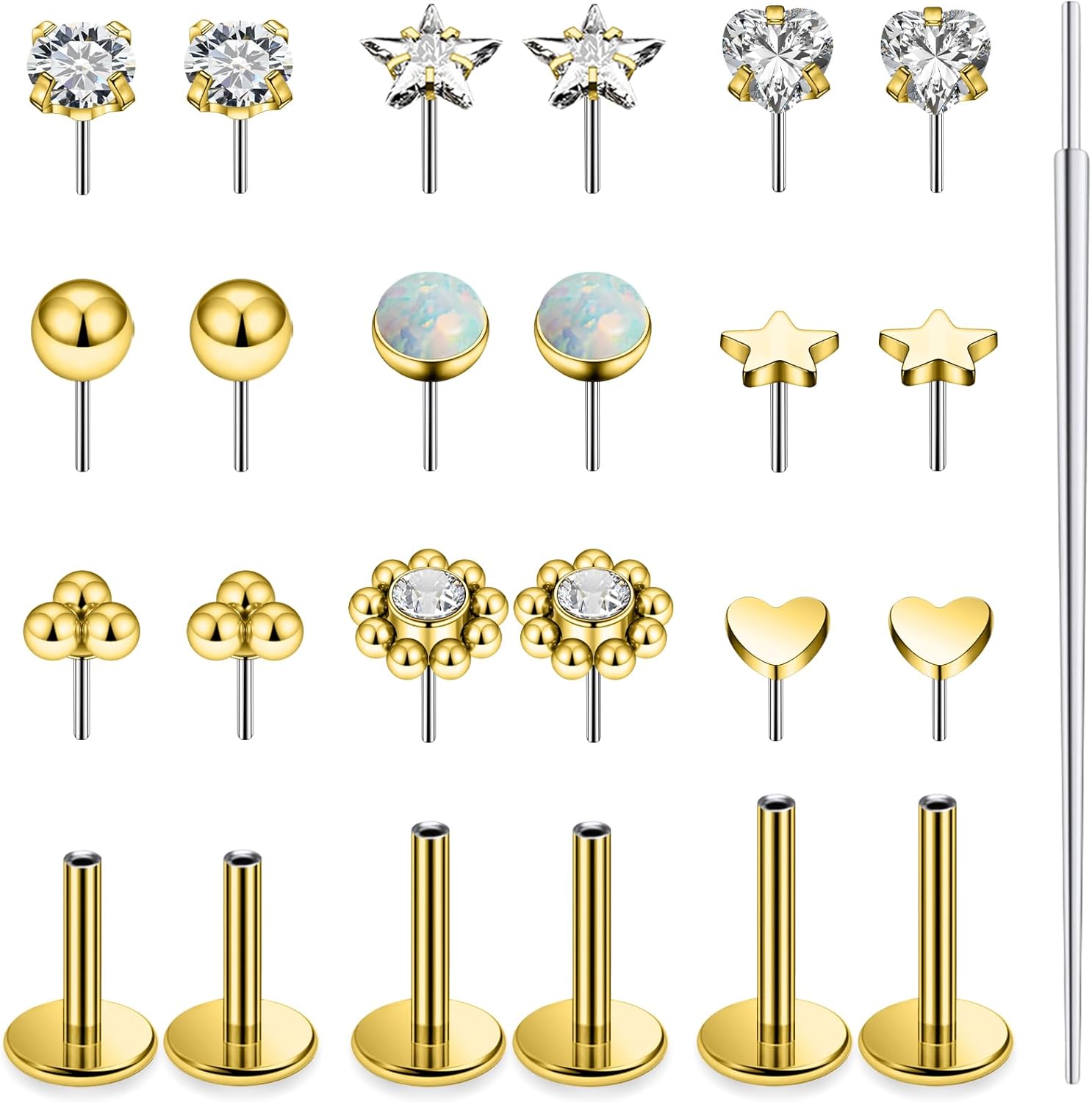 14K Gold Filled 20G 18G 16G Threadless Flat Back Earrings Studs Surgical Stainless Steel Clear CZ Push In Nose Rings Studs Tragus Helix Conch Cartilage Earrings Piercing Jewelry For Women Men