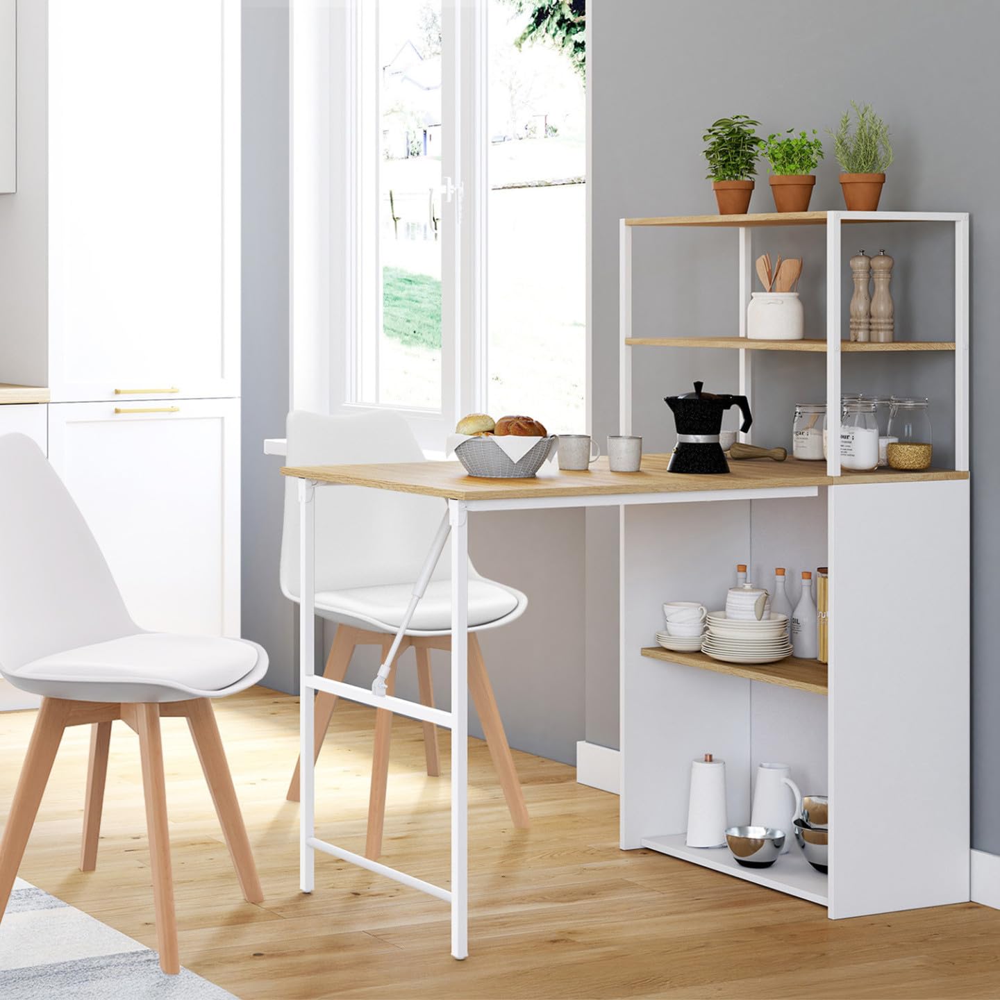 IDMarket - Bureau bibliothèque Pliable Ray Plateau Rabattable Bois façon hêtre et Blanc