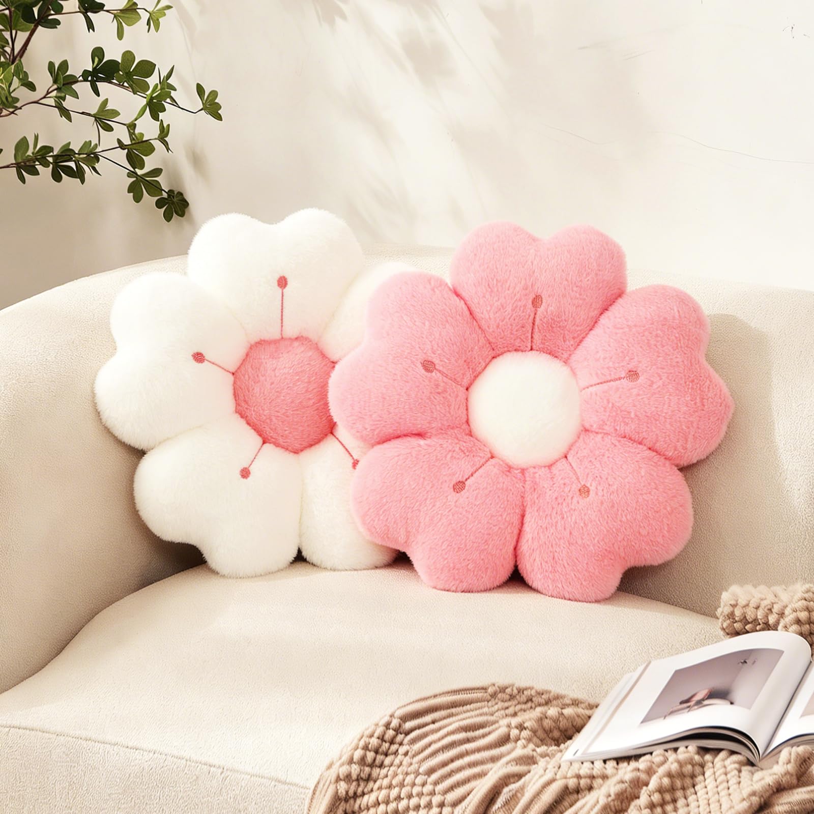 Cbwerbb Pink+White 2Pcs Flower Pillow,34Cm Plush Thick Flower Cushion White & Pink Aesthetic Daisy Pillow,Soft Fluffy Preppy Cushion Lumbar Suppor Mat Room Decor For Car Home Sofa Chair Bedroom Floor(Pink+White)